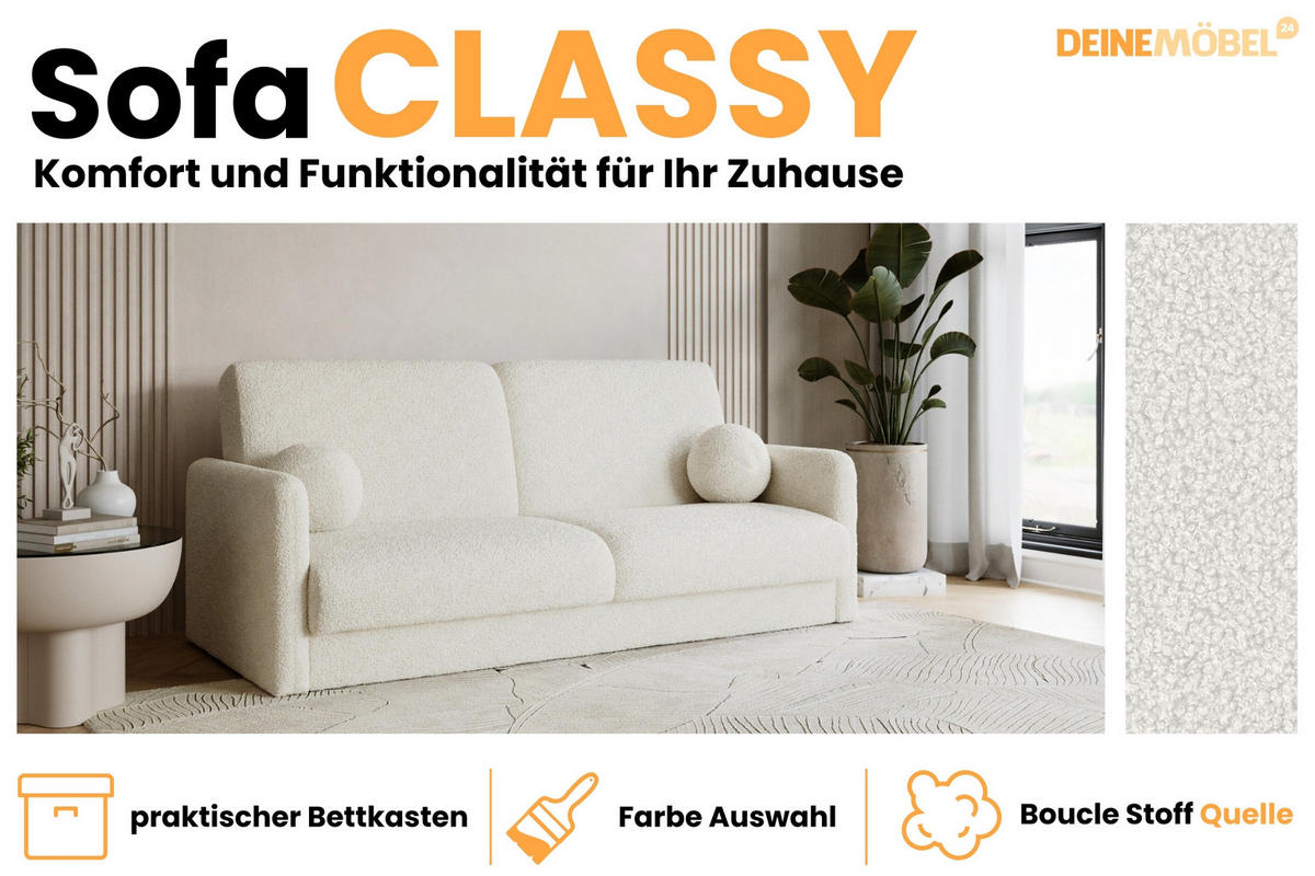 SOFA CLASSY 214cm breit in Boucle Weiß - Weiß, Holz/Holzwerkstoff (214/93/100cm) - Deine Möbel 24