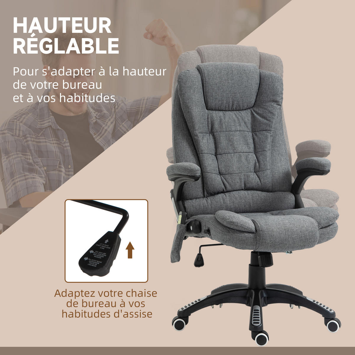 CHEFSESSEL DE-11874 Massage & Heizung Grau Chiné - Grau, Textil (72/120/68cm) - ComfortXL