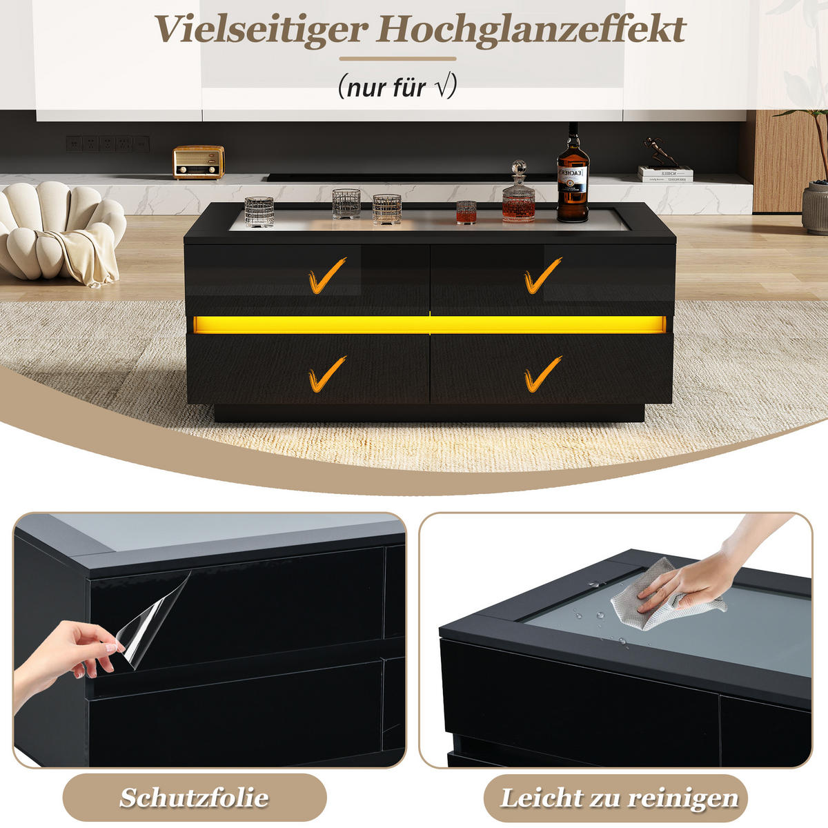COUCHTISCH in Schwarz mit 4 Schubladen und LED-Beleuchtung für Wohnzimmer, B100/T50/H30 cm - Schwarz, Glas/Holzwerkstoff (50/100/40cm) - STILVORA