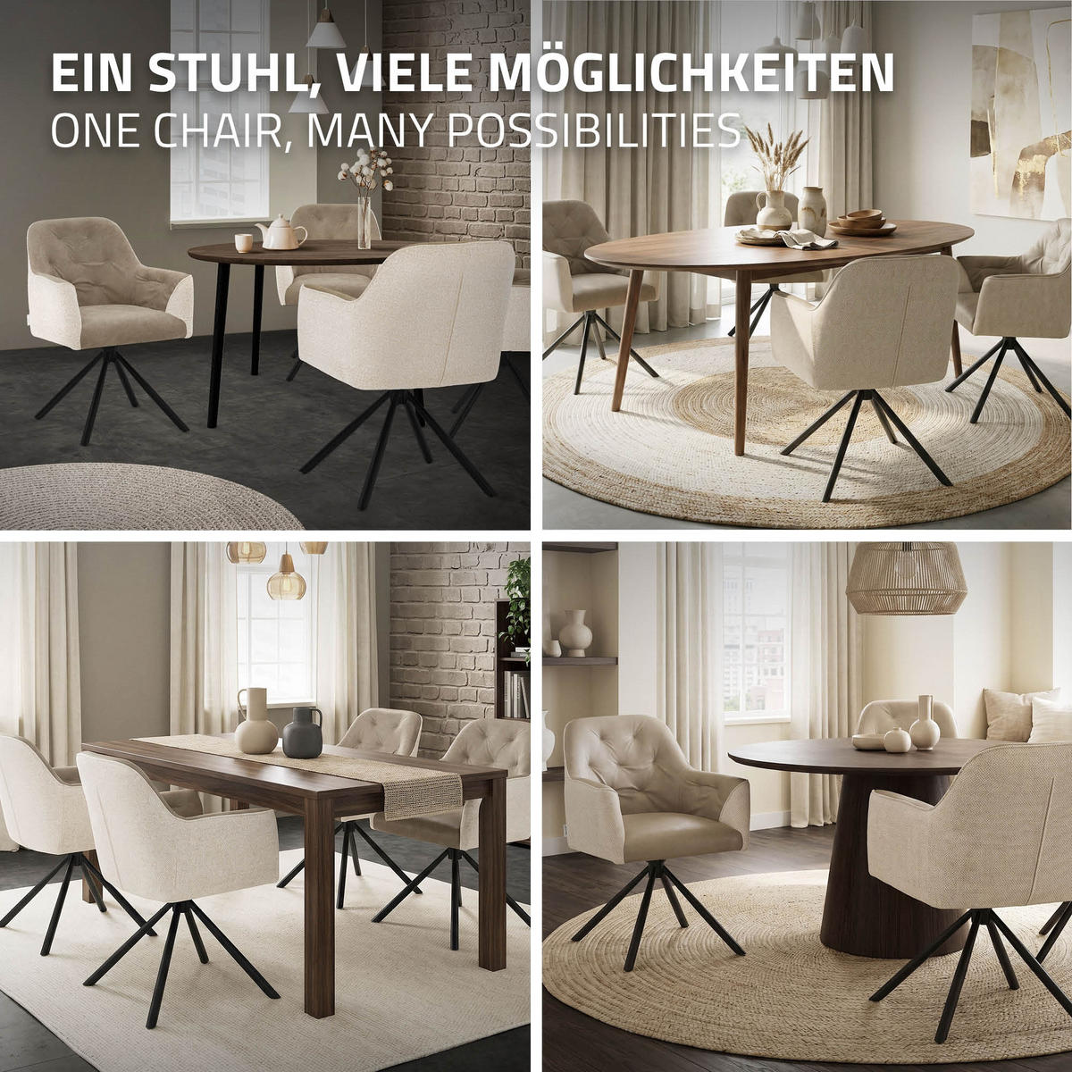 ESSZIMMERSTÜHLE 2er Set drehbar Küchenstühle gepolstert aus Webstoff-Kunstleder Beige - Beige/Schwarz, Textil/Metall (62/87/65cm) - ML-DESIGN