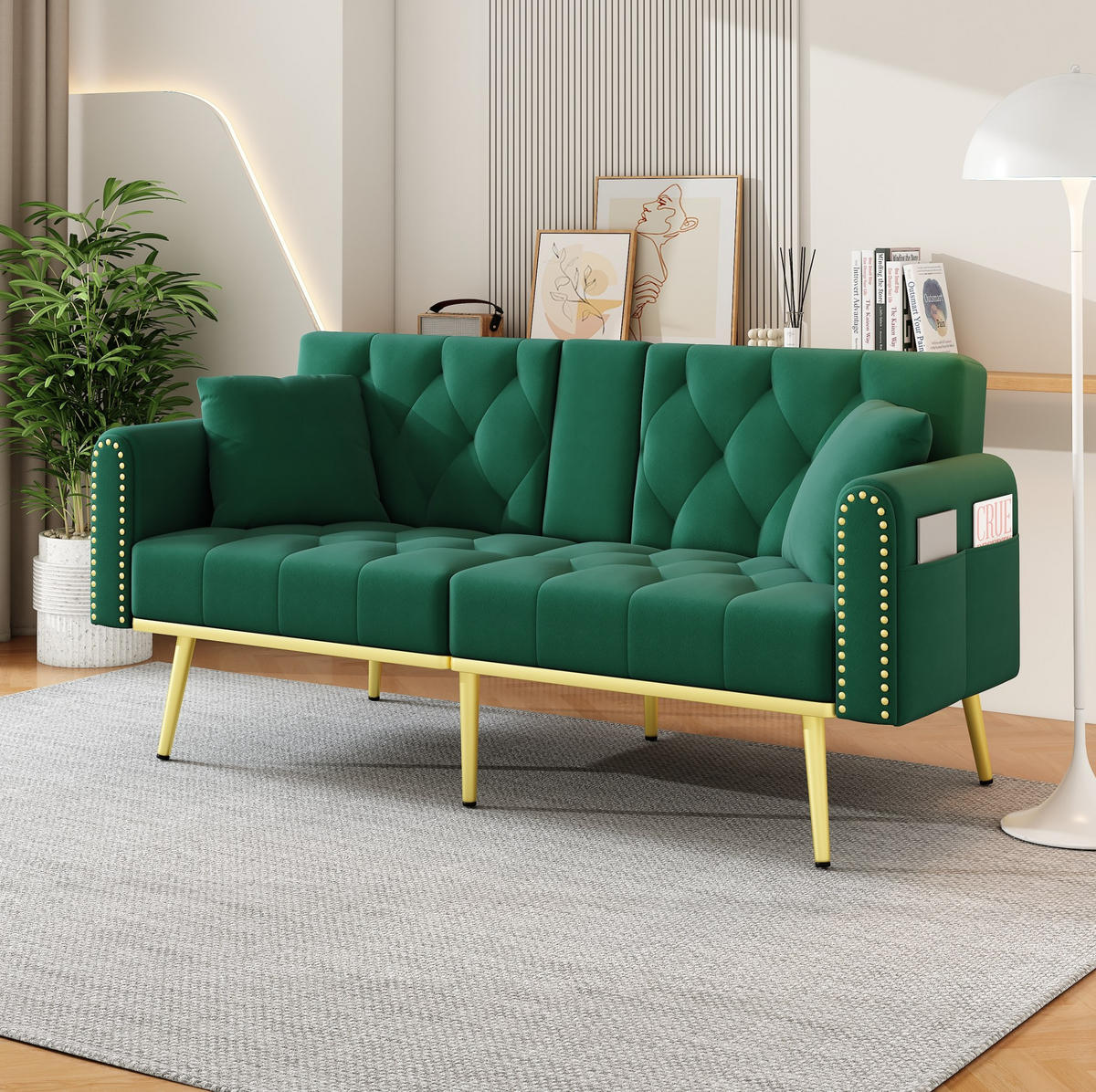 SCHLAFSOFA mit Liegefunktion 175 x 80 cm Samt Grün mit 2 Kissen - Grün, Holzwerkstoff (175/73.5/80cm) - Meubliv