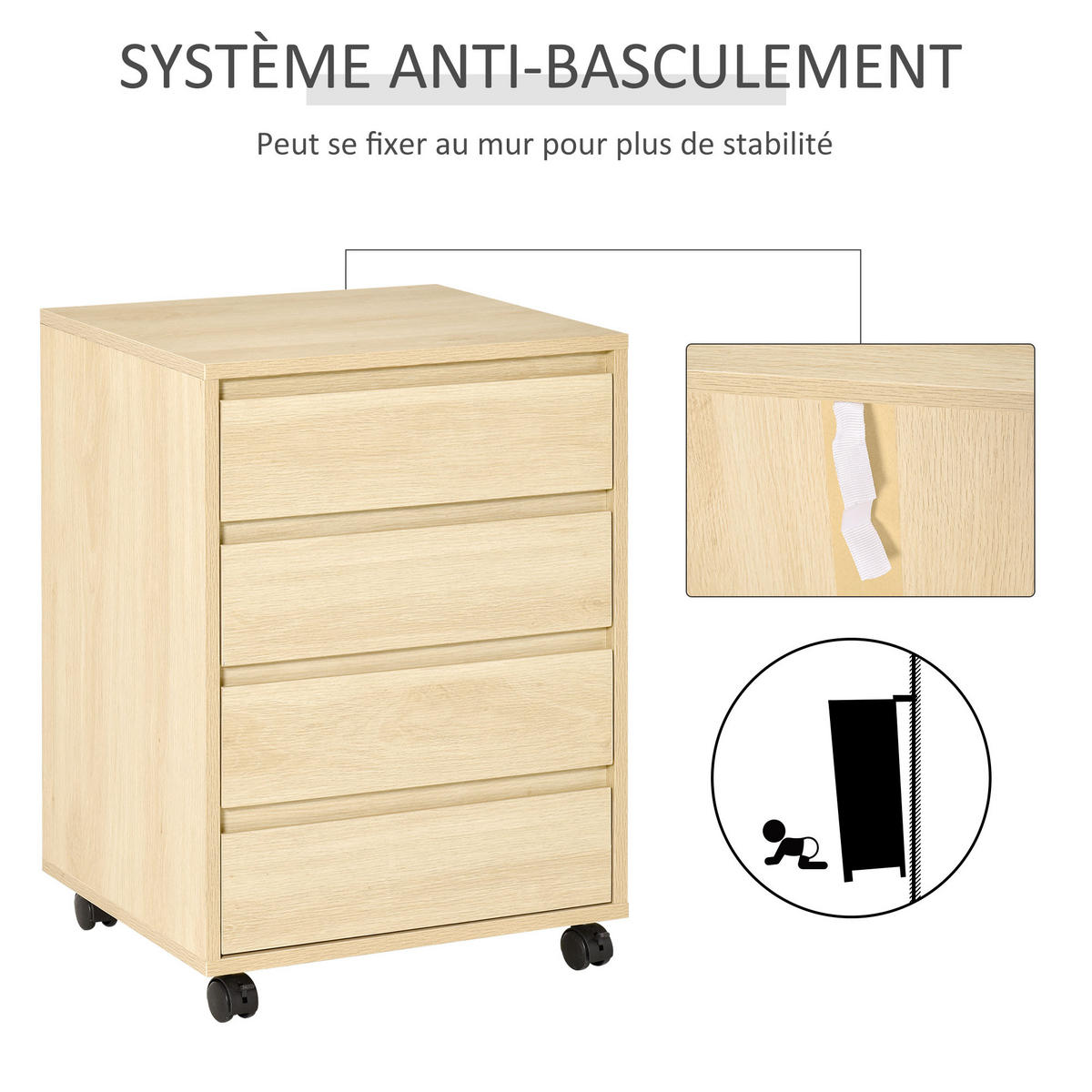 ROLLCONTAINER DE-14408 4 Schubladen, rollbar Holz hell - Naturfarben, Holzwerkstoff (40/65/46cm) - ComfortXL