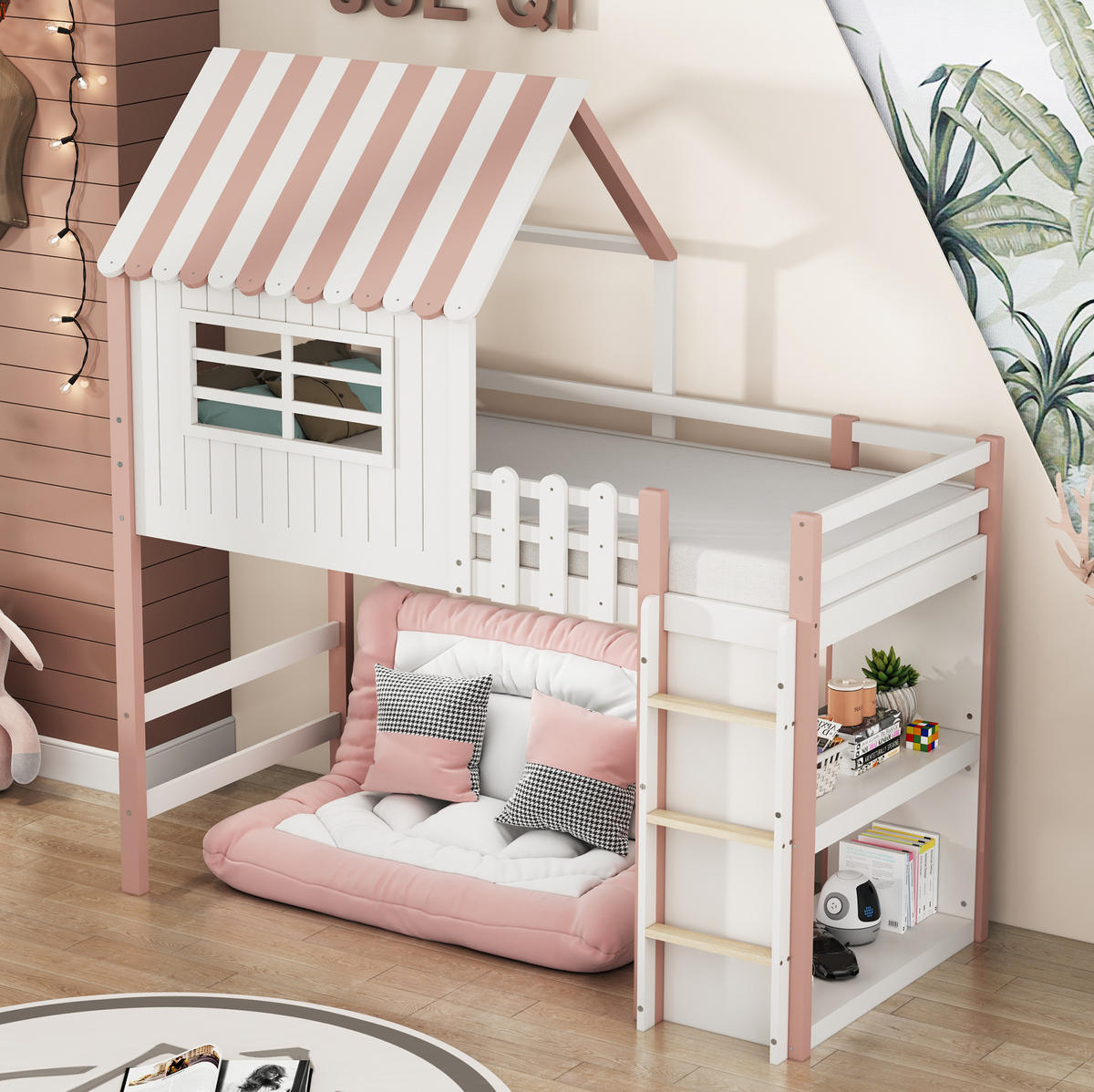 HOCHBETT 90/200 cm in Rosa aus Massivholz mit Dachform und Ablagefach - Rosa, Holz (90/200cm) - Flora Grace