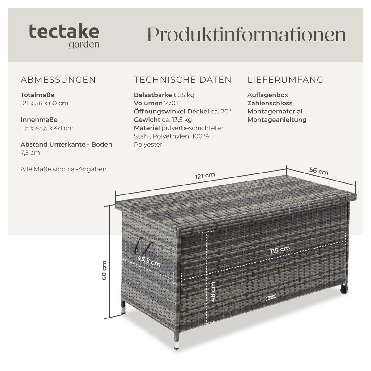 AUFLAGENBOX Kiruna,121 x 56 x 60 cm,grau - Grau, Kunststoff (56/60/121cm) - tectake