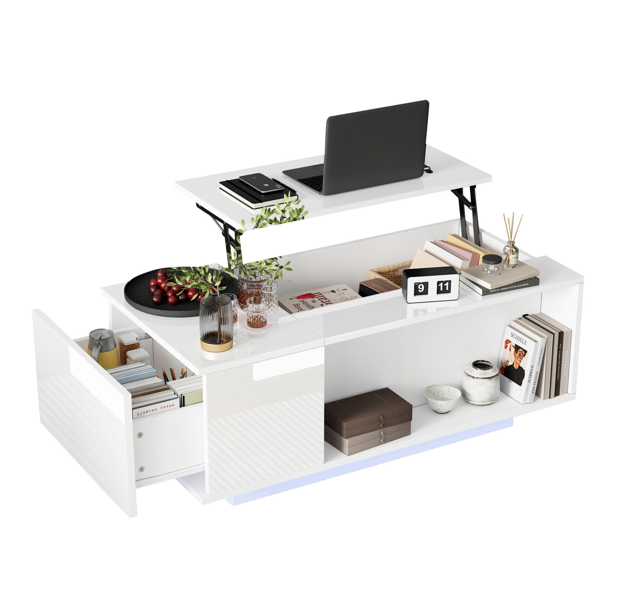 OKWISH KONFERENČNÍ stolek 100/50/40 cm bílý z dřevotřísky s výklopnou deskou a LED osvětlením