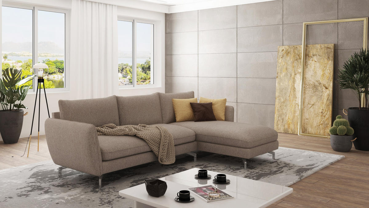ECKSOFA Elou Dunkelbeige Microfaser - Chromfarben/Beige, Holz/Textil (261/167cm) - S-Style Möbel
