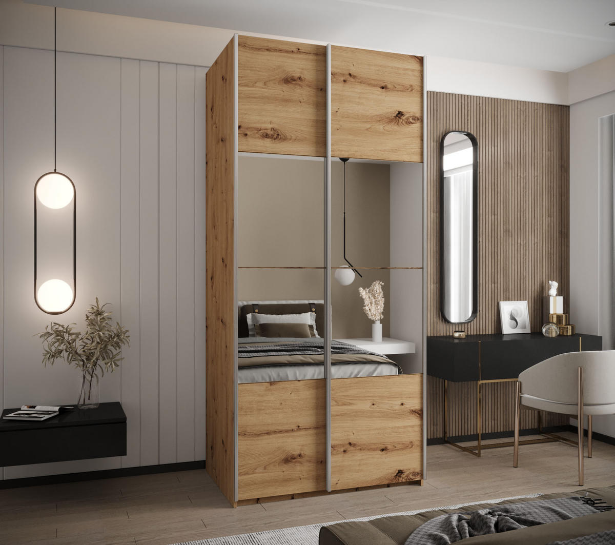 SCHWEBETÜRENSCHRANK 245,5/100/64 2-türig - Silberfarben/Eiche Artisan, Holz/Metall (100/245/64cm) - Abiks Möbel