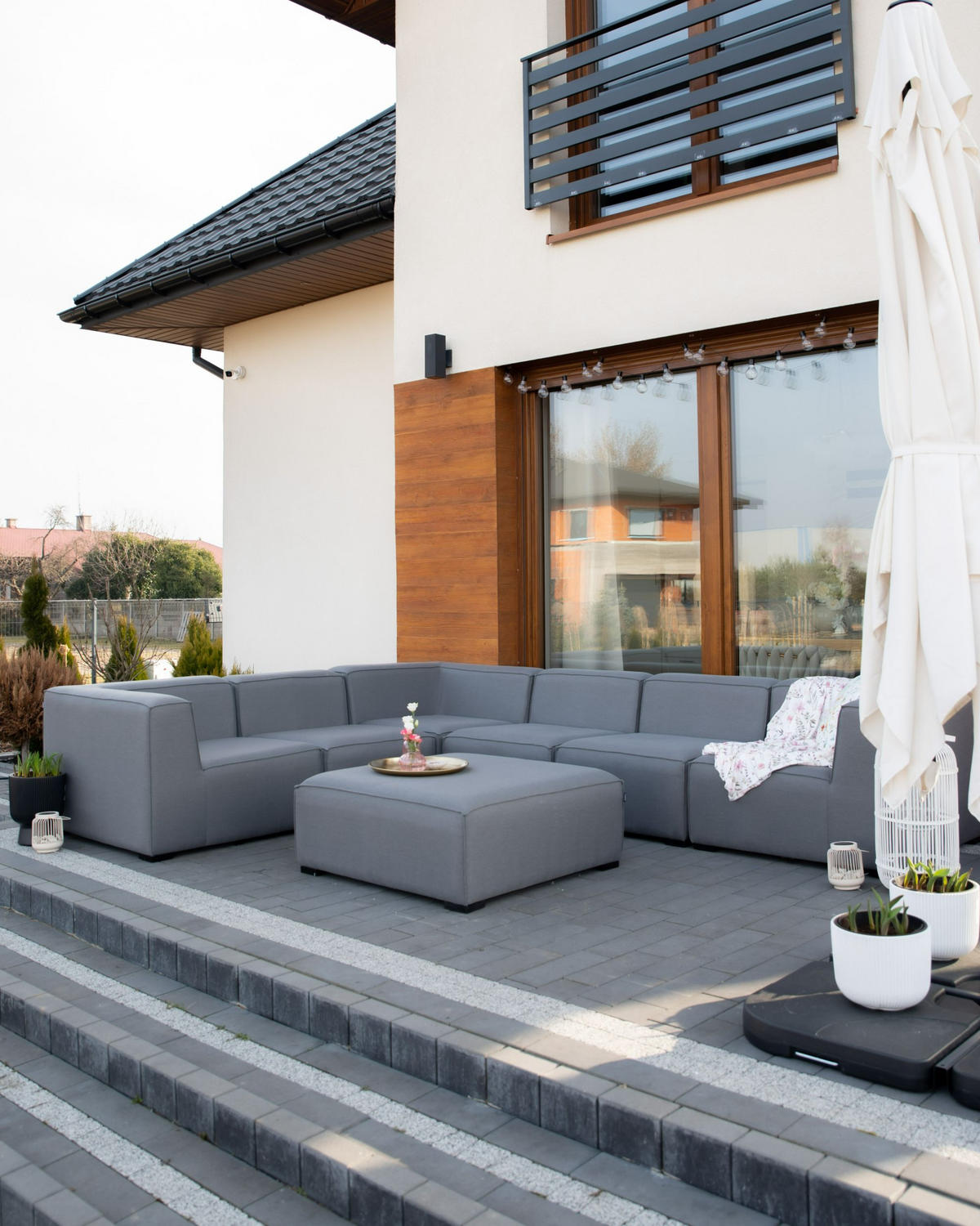LOUNGE SEDACÍ SOUPRAVA SADA 7-místná šedá levostranná modulární Arezzo - šedá, textil - Beliani