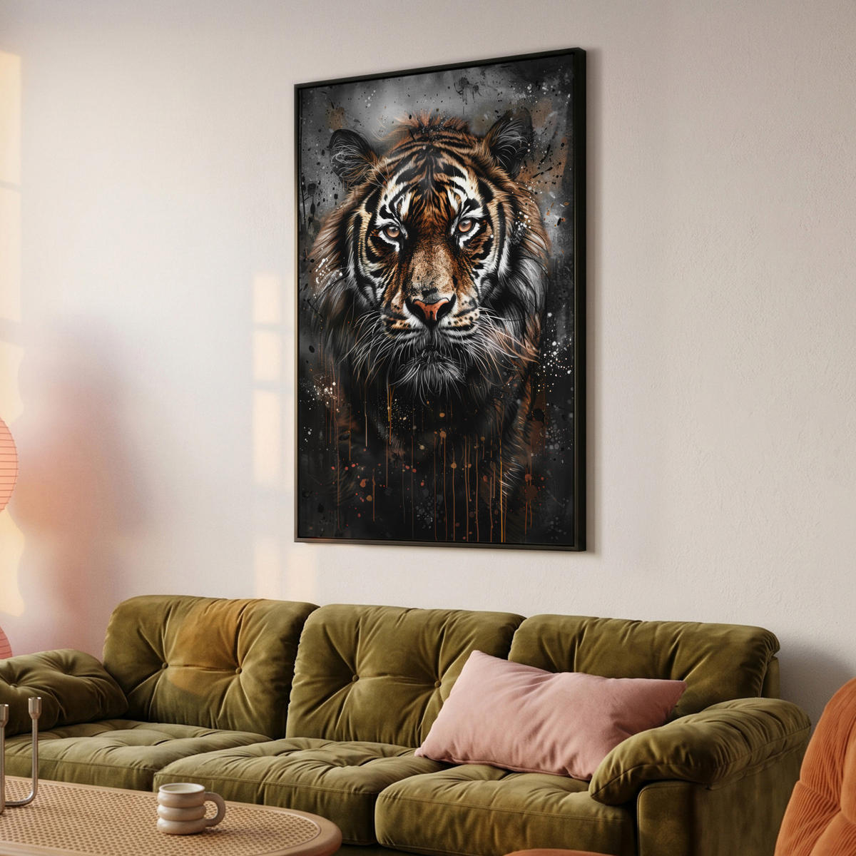 LEINWAND Bilder mit Rahmen - Tiger - Tiere - Porträt - Luxus - Schwarz - 100x150 - Braun, Textil (100/150cm) - MuchoWow