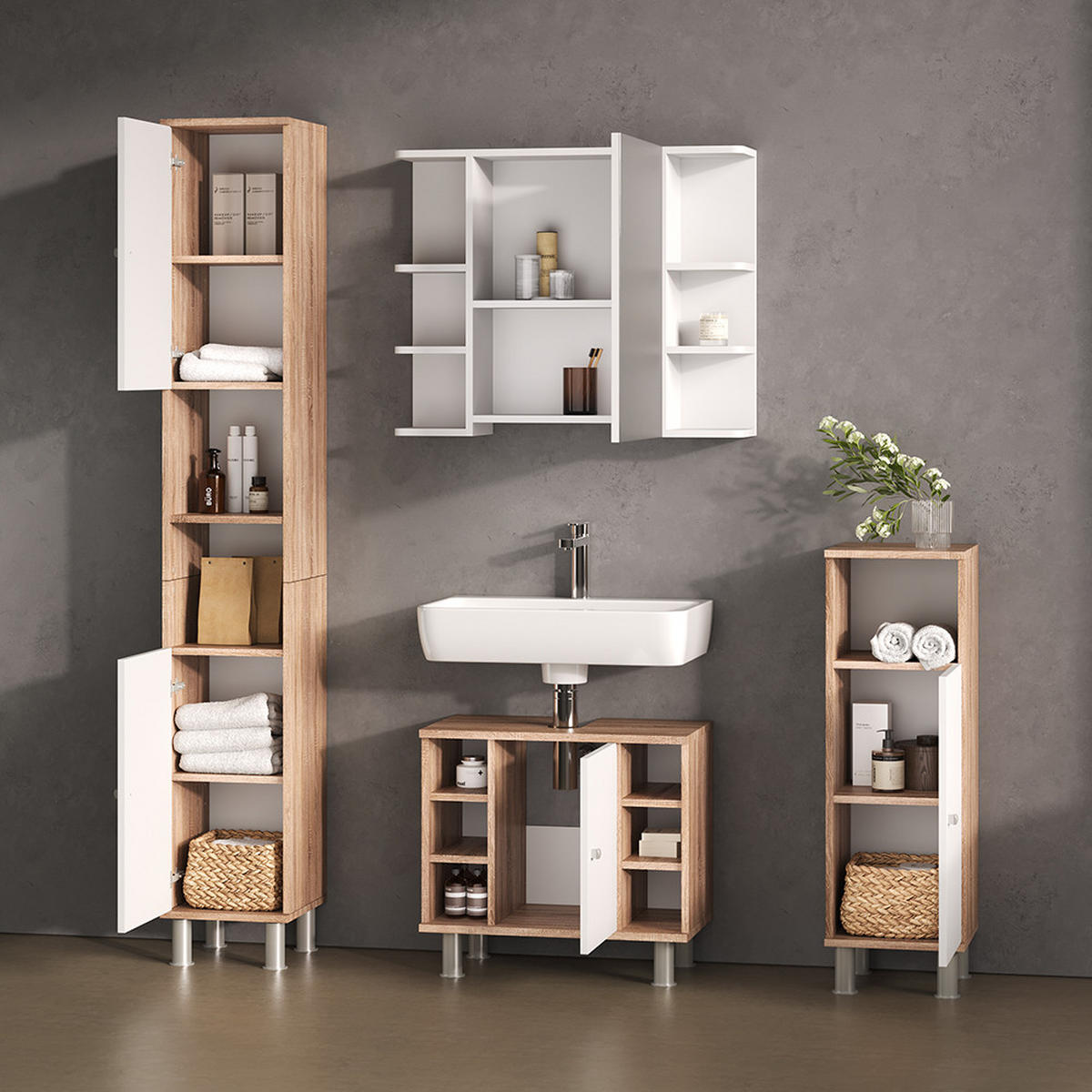 BADMÖBEL-SET Fucino Sonoma 4 Teile - Weiß/Sonoma Eiche, Holzwerkstoff (60/54/32cm) - Livinity®