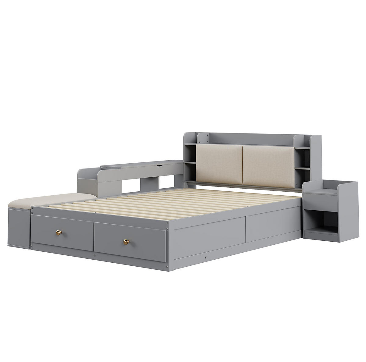 KOMBIBETT Massivholz 140/200 cm grau mit gepolstertem Kopfteil und Stauraum - Grau, Holz (140/200cm) - OKWISH