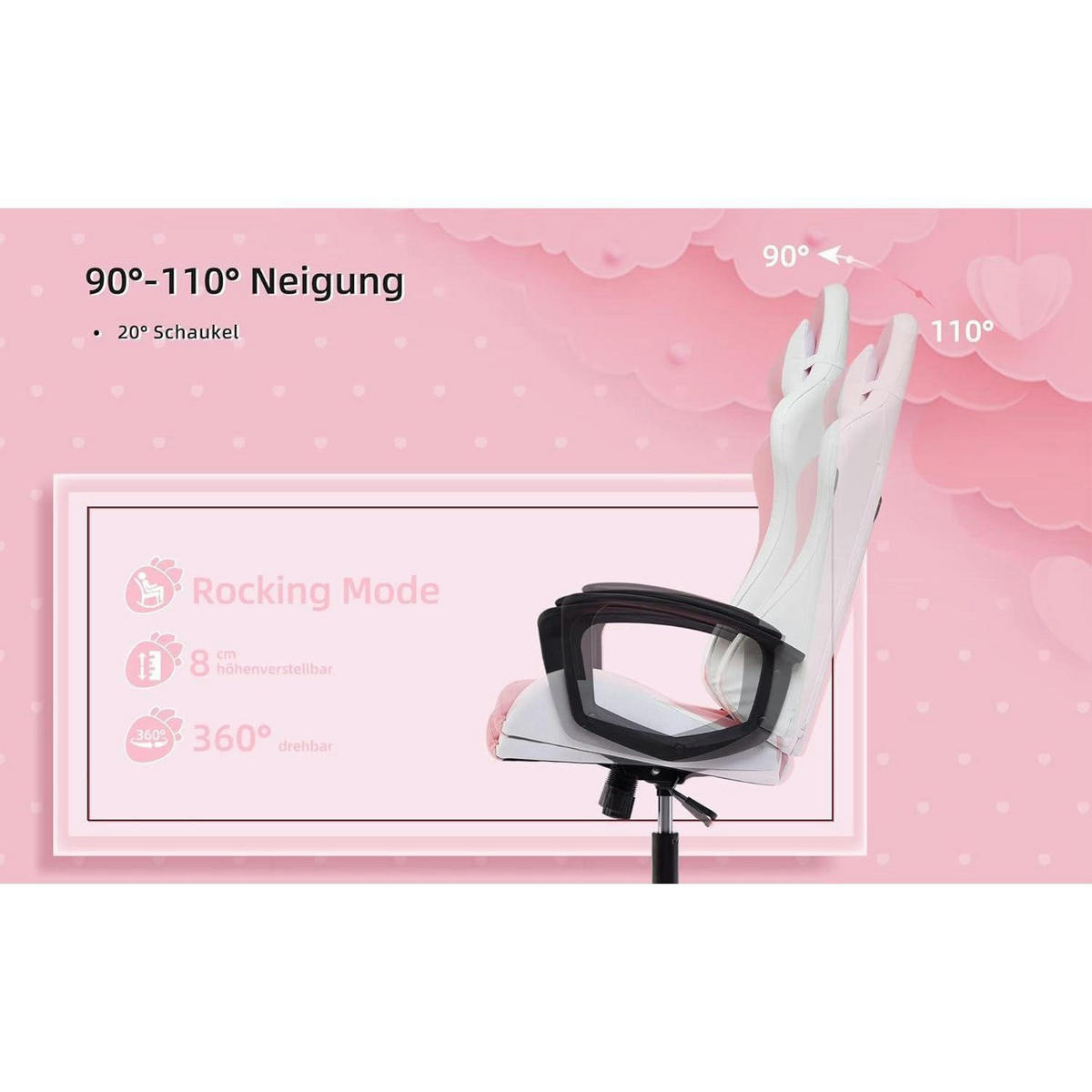 GAMING Stuhl mit Kopf- und Lendenkissen Rosa 52 x 49 x 130 cm - Rosa, Kunststoff (49/130/52cm)
