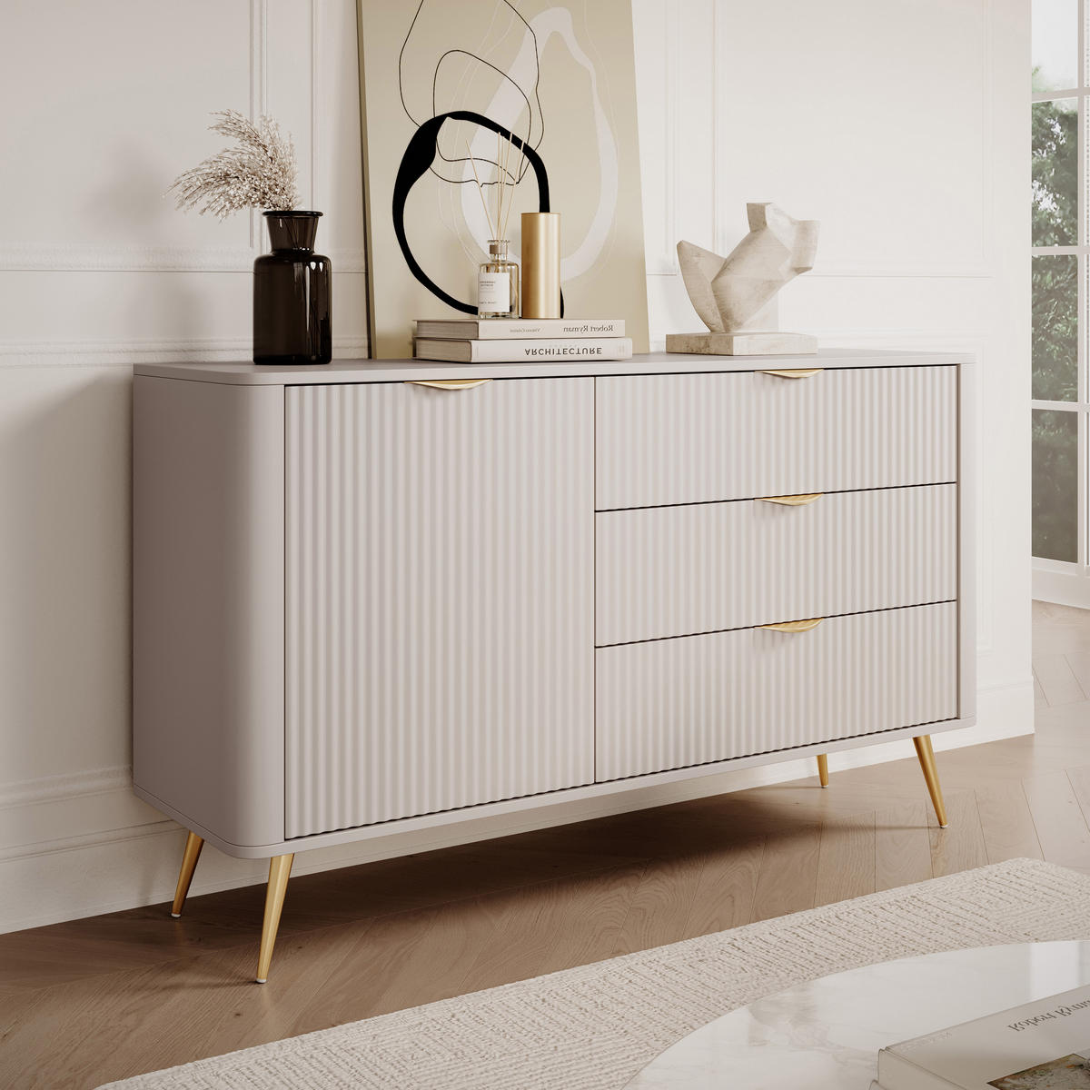 SIDEBOARD Vespasia 1T 3S Beige 138,2/81,2/38 cm – Geriffelten Fronten - Beige/Goldfarben, Holzwerkstoff/Metall (138.2/81.2/38cm) - AX Living