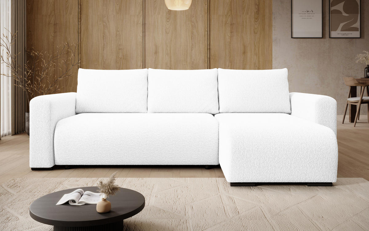 ECKSOFA DORA L, Eckcouch in L-Form mit Schlaffunktion und Bettkasten, Farbe: Weiß, Bouclé-Stoff, Ottomane Rechts - Weiß, Textil (240/143cm) - Storez24