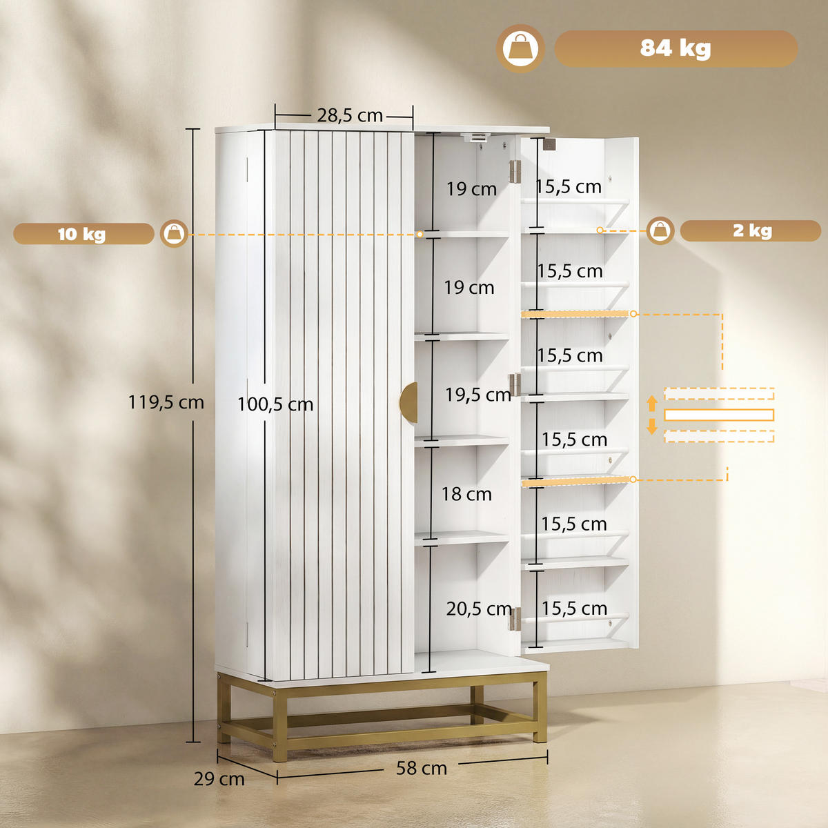 MEHRZWECKSCHRANK DE-11337 5 Böden & 12 Türregale Weiß - Weiß, Holzwerkstoff (29/119.5/58cm) - ComfortXL