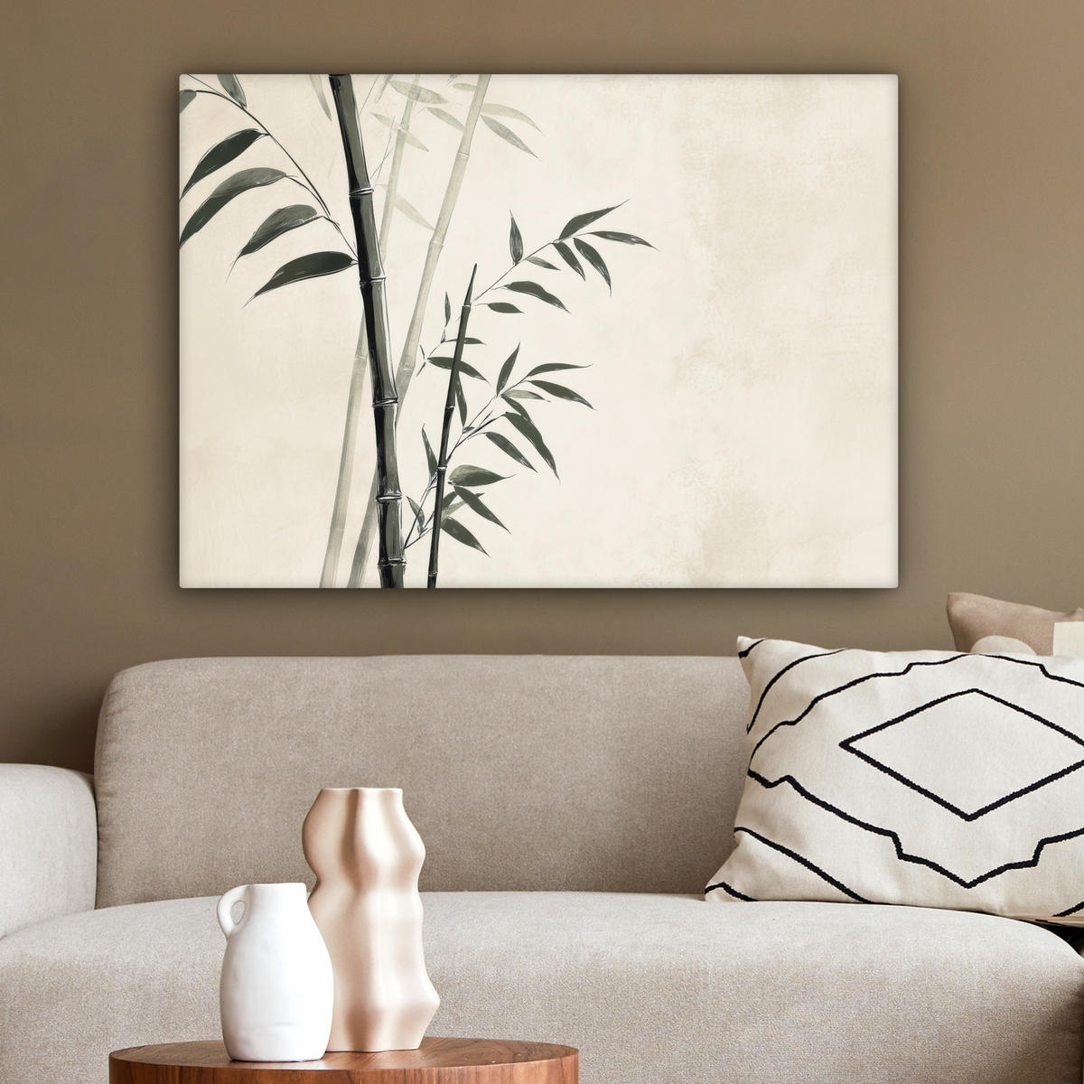 LEINWANDBILD Japandi - Bambus - Beige Wandbilder 80x60 cm - Eukalyptusholzfarben, Textil (80/60cm) - MuchoWow