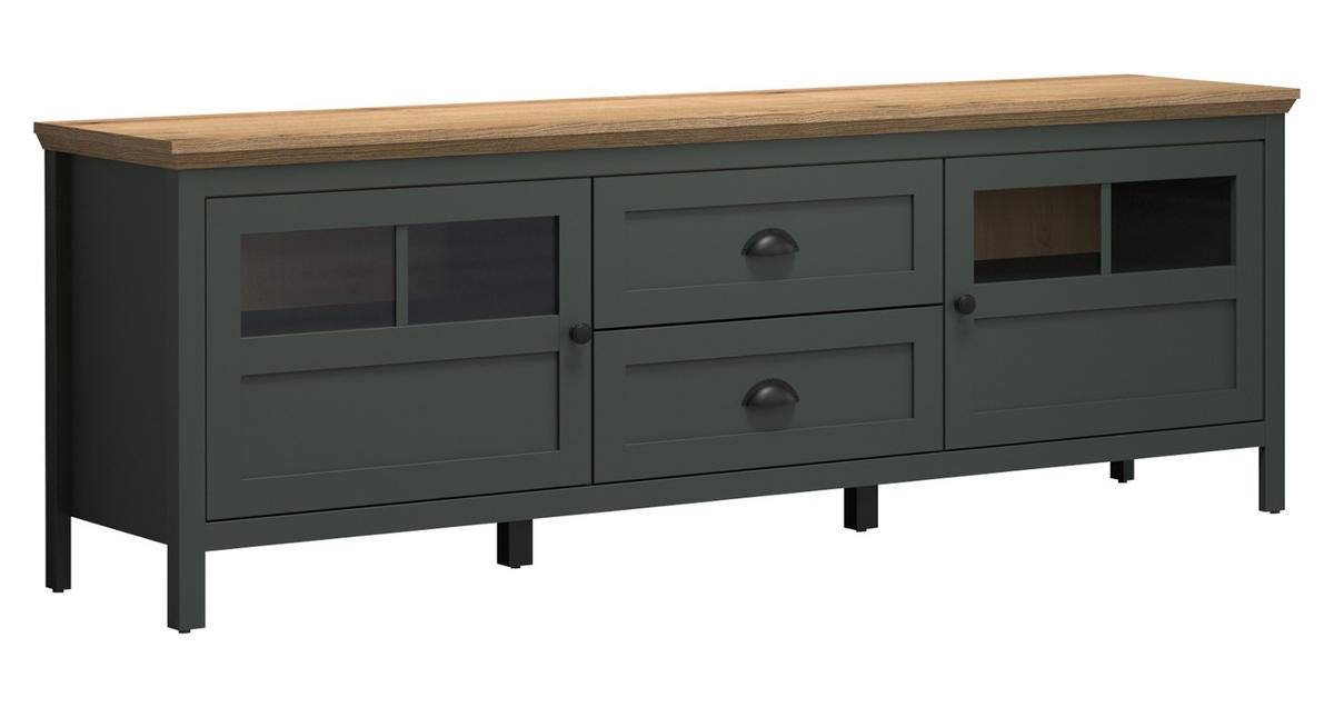TV-LOWBOARD grün, Evoke Eiche Landhaus 184 x 64 cm, TV Unterteil inklusive LED Beleuchtung - Eichefarben/Schwarz, Holzwerkstoff/Kunststoff (184/64/45cm) - Top.Furn