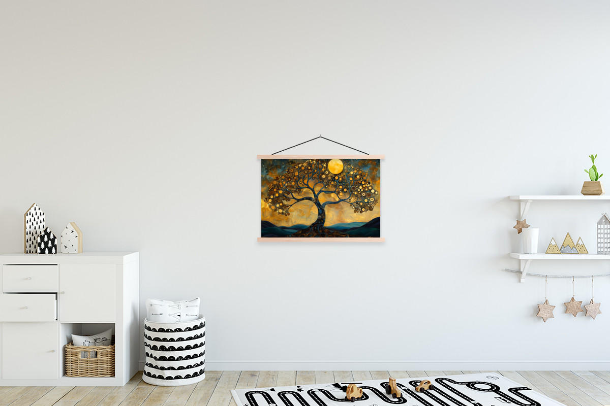 POSTER Baum - Mond - Blumen - Gold - Kunst 60x40 cm - Orange, Textil (60/40/0.15cm) - MuchoWow