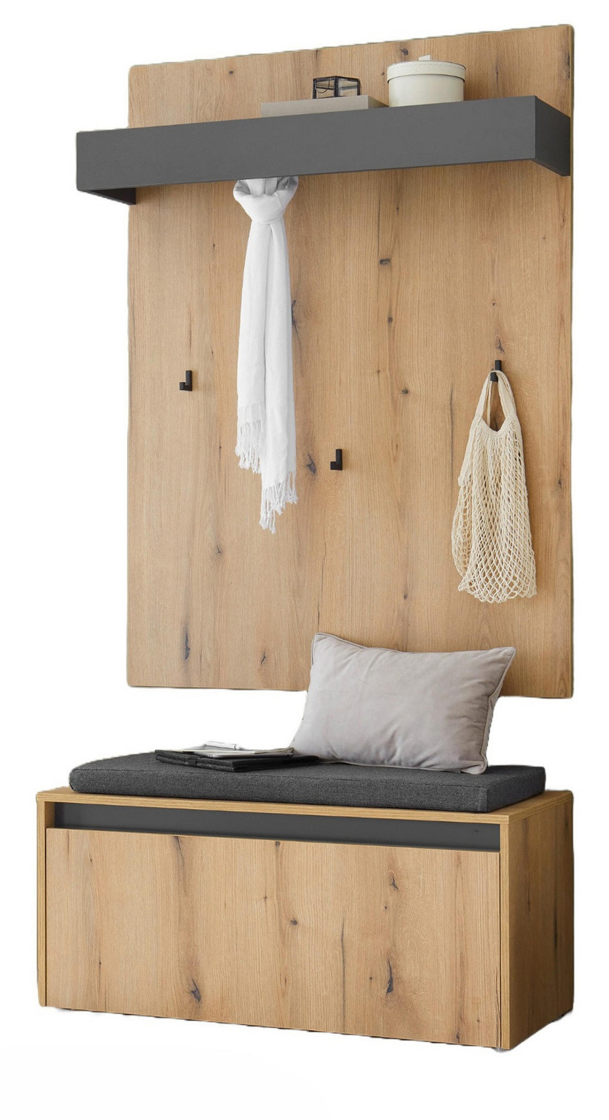 GARDEROBEN-SET Evoke Eiche, grau 100 cm 3-teilig, Garderobenkombination mit Sitzkissen - Eichefarben/Schwarz, Holzwerkstoff/Kunststoff (100/200/40cm) - Furn.Design