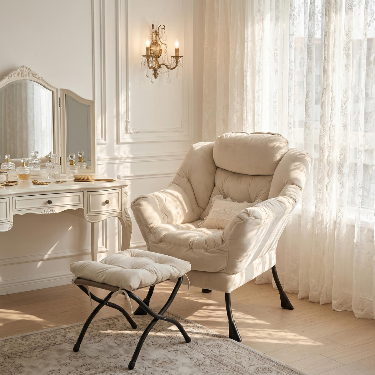 SESSEL mit Hocker und Seitentasche, DE-42303, Beige - Beige, Metall (80/93/72cm) - ComfortXL