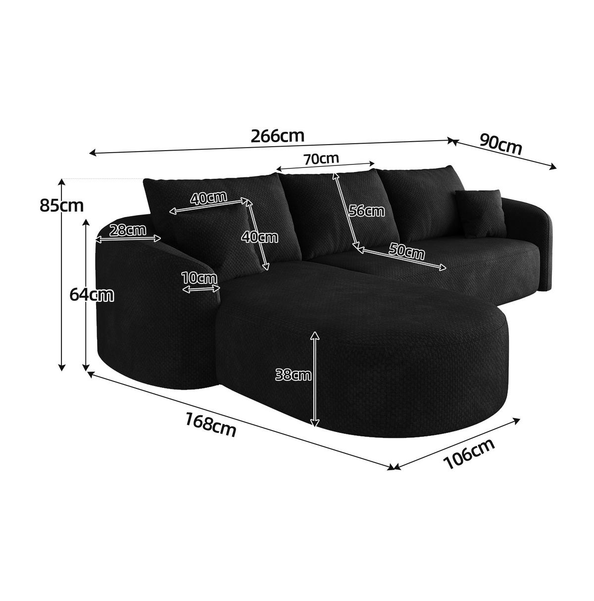 ECKSOFA 266/168/85 cm in Schwarz aus Stoff, modular und ohne Montage - Schwarz, Textil (168/266cm) - Flora Grace