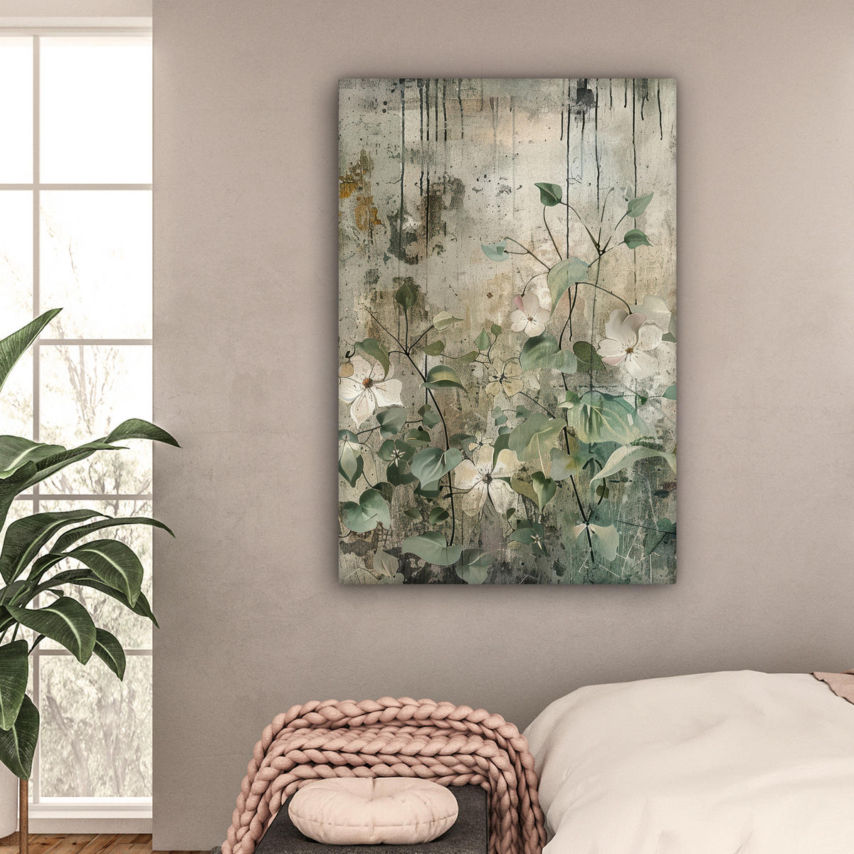 LEINWANDBILD - Blumen - Blätter - Abstrakt - Modern - 80x120 - Wanddeko - Grau, Textil (80/120cm) - MuchoWow