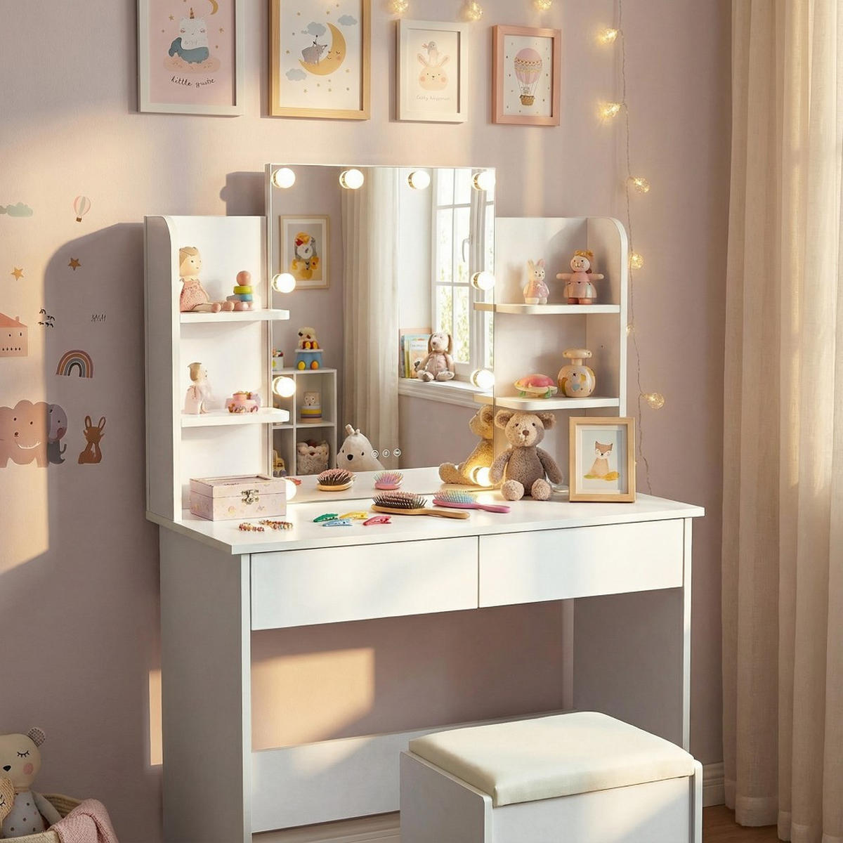 SCHMINKTISCH ALICE mit Spiegel, Beleuchtung und Hocker / Weiß - Weiß, Holzwerkstoff (90/135/40cm) - Weber Industries