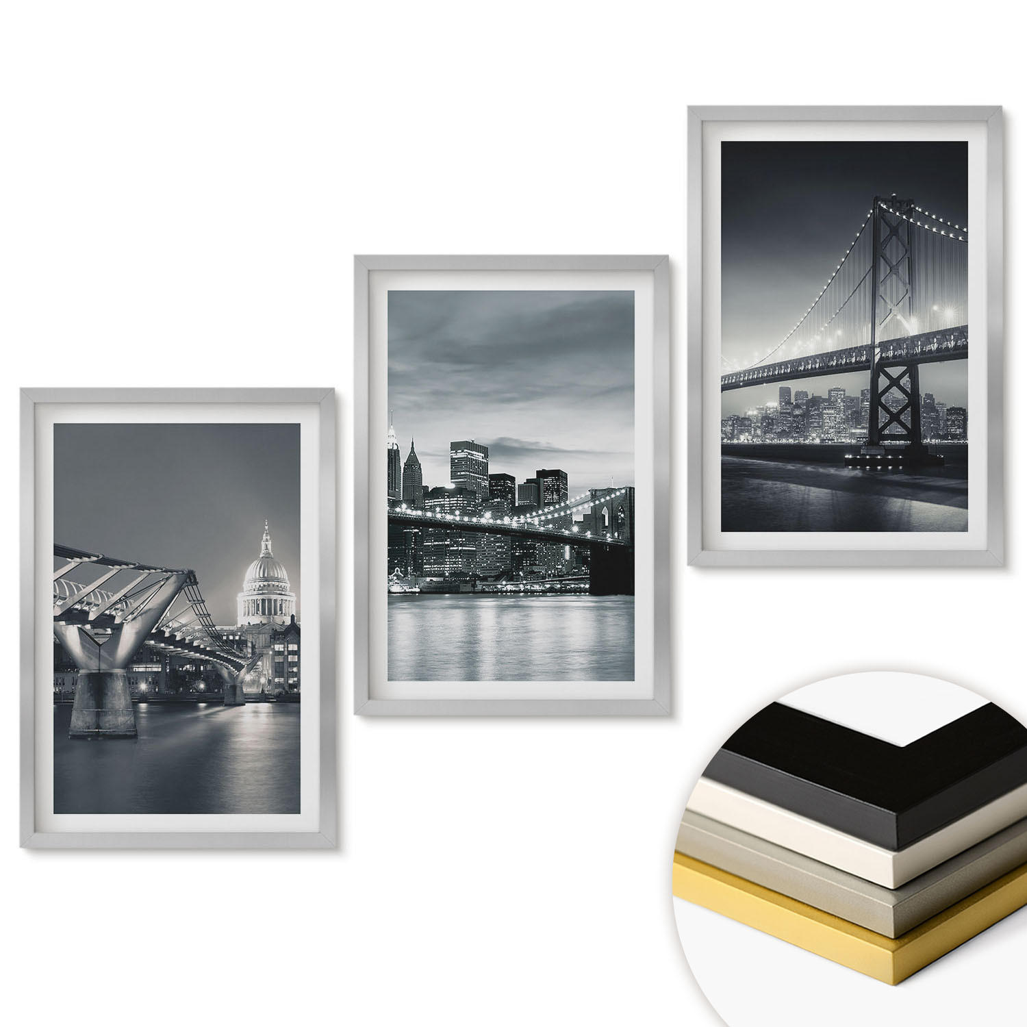 WANDBILDER 3er Set - 40x60 cm Silberner Rahmen - Brücken, Stadtarchitektur, Grau - Silberfarben, Kunststoff (40/60cm) - ArtPrintCave