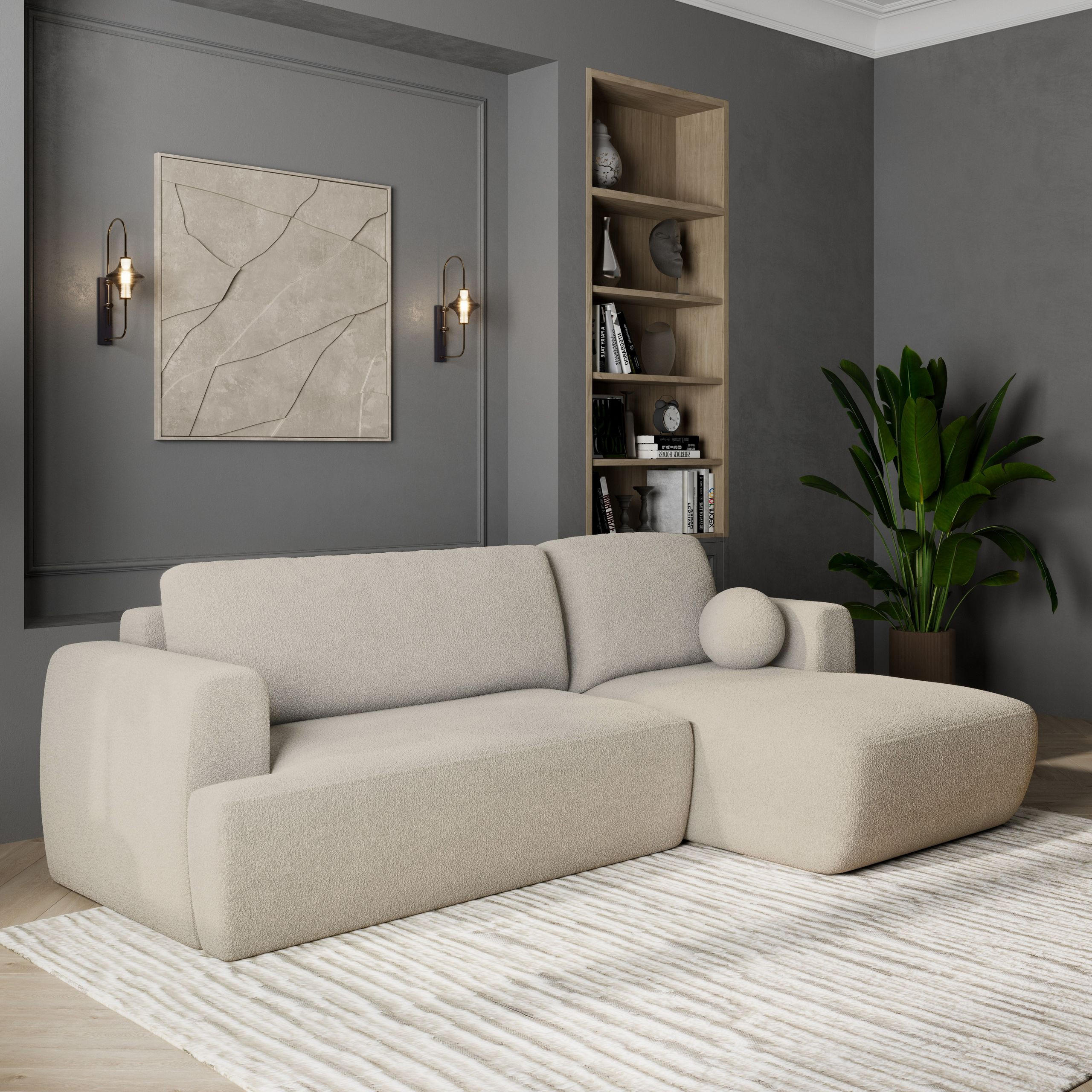 ECKSOFA SENTI N R-S Creme Boucle-Stoff mit Schlaffunktion - Creme, Holz (246/148cm) - MASSENO