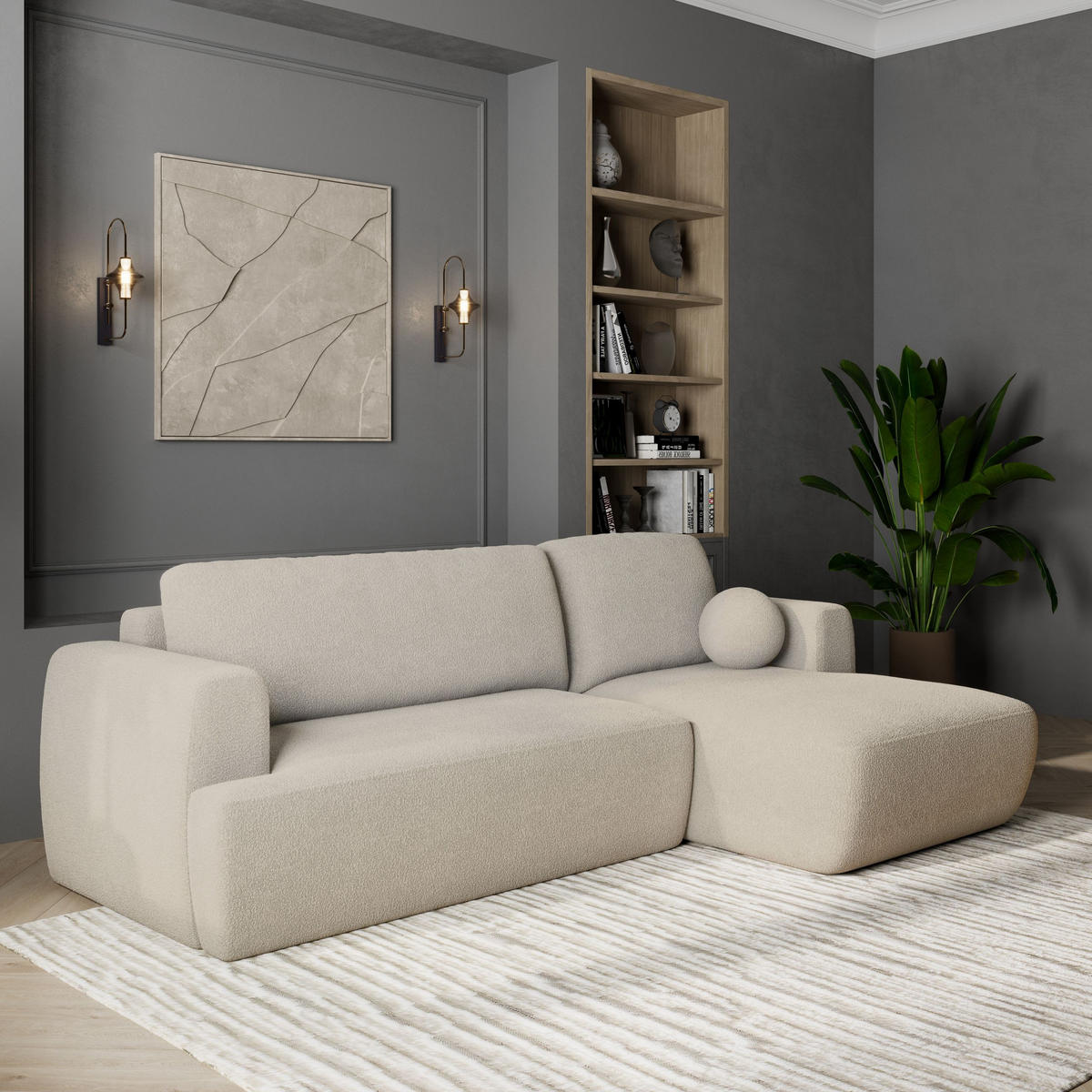 ECKSOFA SENTI N R-S Creme Boucle-Stoff mit Schlaffunktion - Creme, Holz (246/148cm) - MASSENO