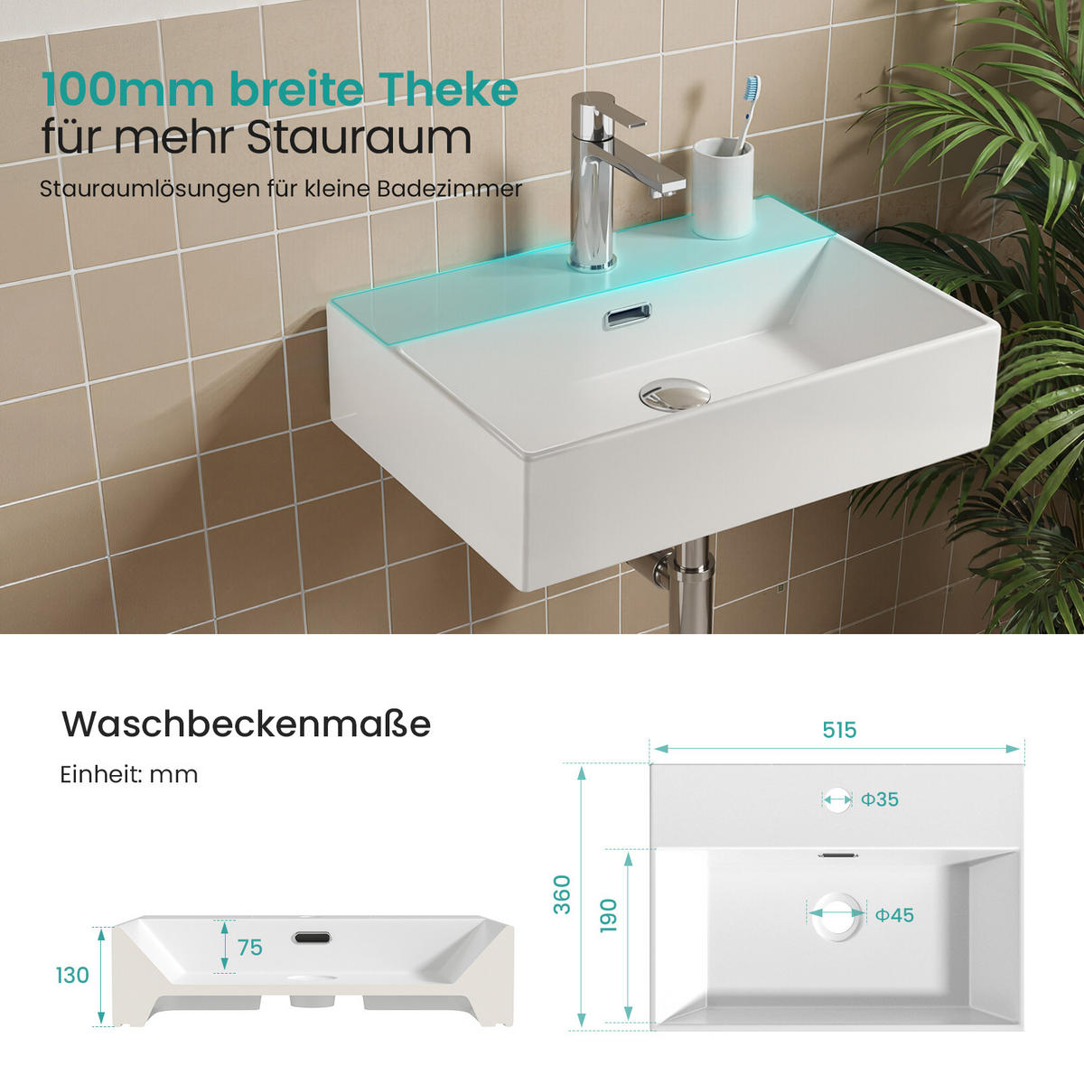 WASCHBECKEN mit Überlauf Weiß 41 / 36 / 13 cm - Weiß, Keramik (36/13/41cm) - EMKE