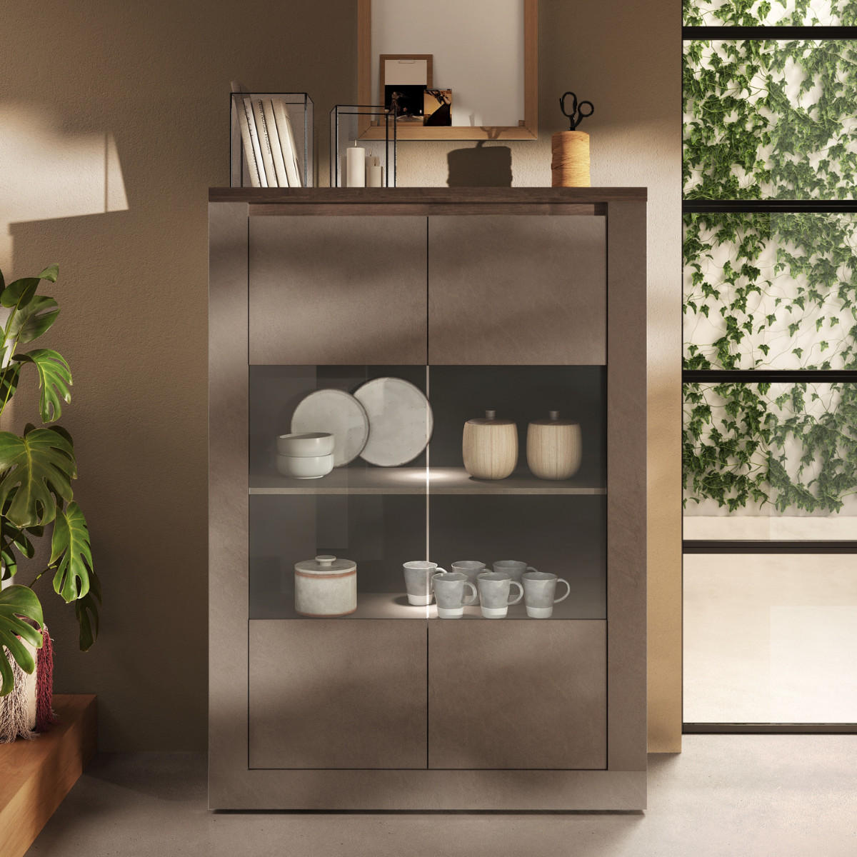 VITRINE mit 2 Türen 3 Regalen aus Holz in Bronze und Quecksilberoptik 43/114/160 cm - Braun, Holzwerkstoff (43/160/48cm) - Calicosy