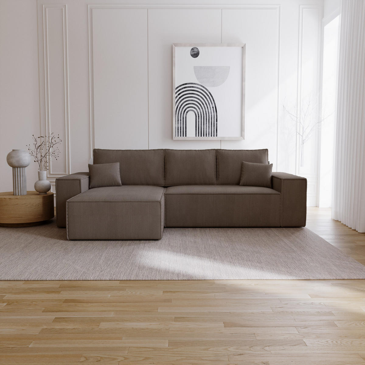 ECKSOFA Bergamo L mit Cordstoff, 280 cm, Schlaffunktion, Links - Braun - Braun, Holz (277/189cm) - Emporius