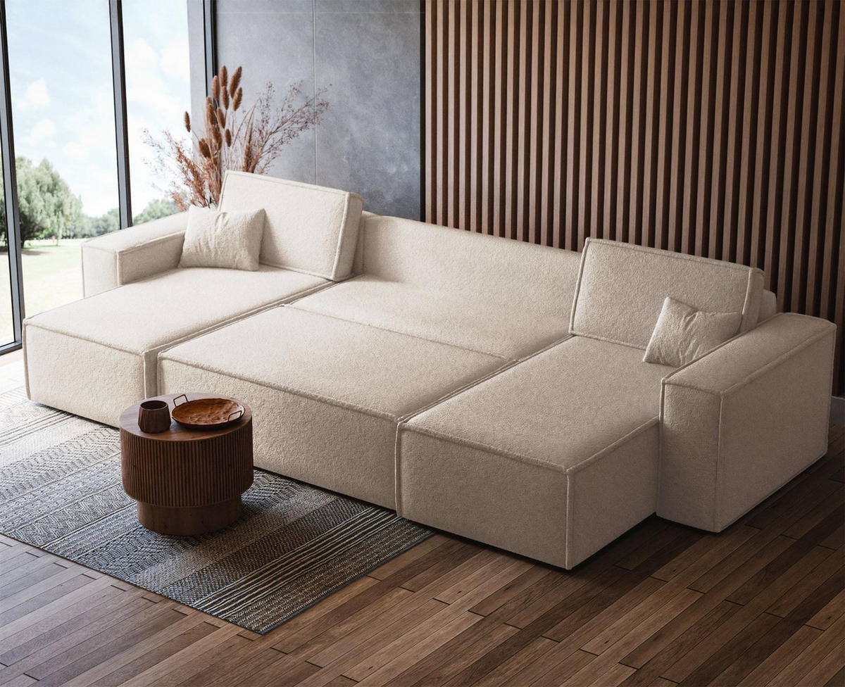 WOHNLANDSCHAFT Scarlo Creme Bouclé-Bezug - Creme/Schwarz, Kunststoff/Textil (312/83/145cm) - Selsey