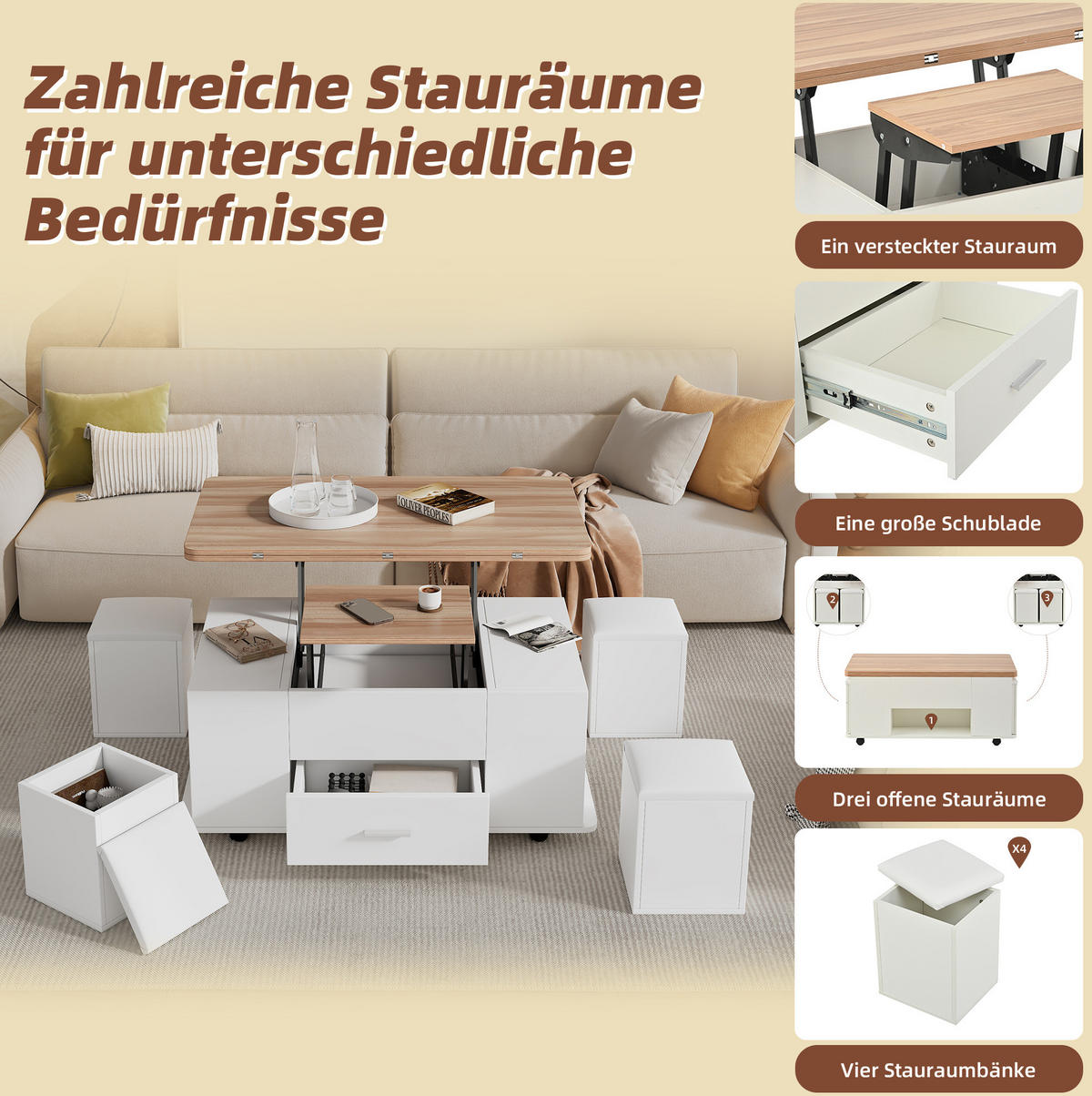 COUCHTISCH 100/50 cm höhenverstellbar mit Stauraum und 4 Hockern - Weiß, Holzwerkstoff (100/50/45cm) - Flora Grace