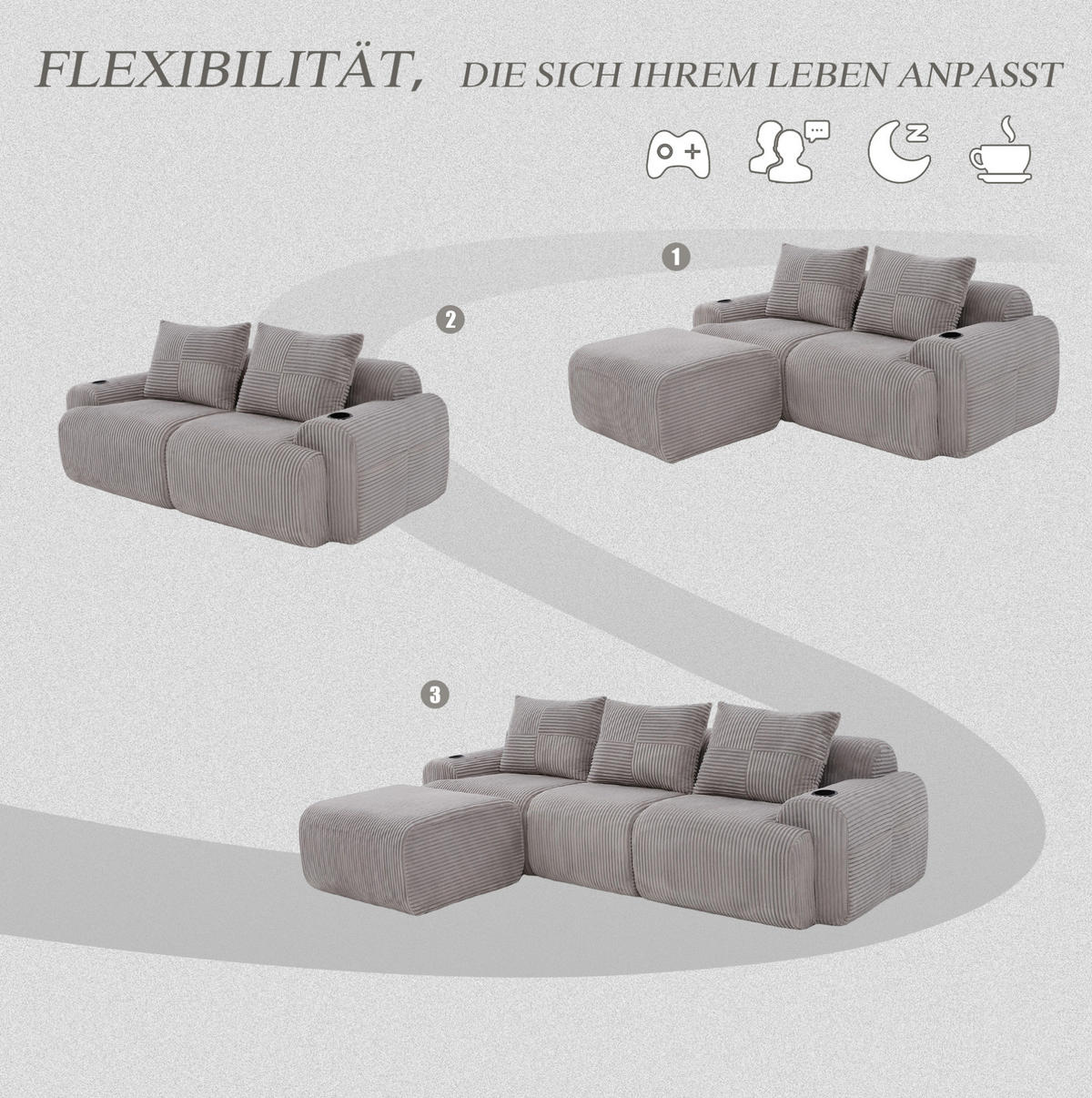 ECKSOFA aus Cord 268x174x80 cm in Hellgrau mit Cupholder & Seitentasche - Hellgrau, Textil (174/268cm) - Modfu