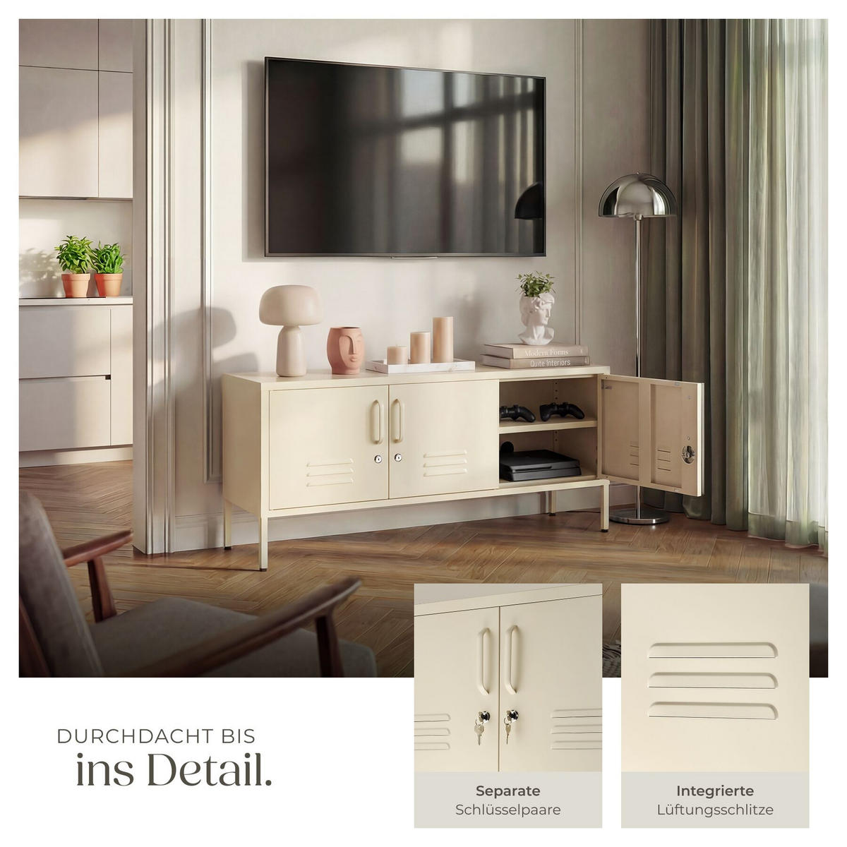 SIDEBOARD Baker, Kippschutz, höhenverstellbare Füße, creme - Creme, Metall (120/55.5/37.5cm) - tectake