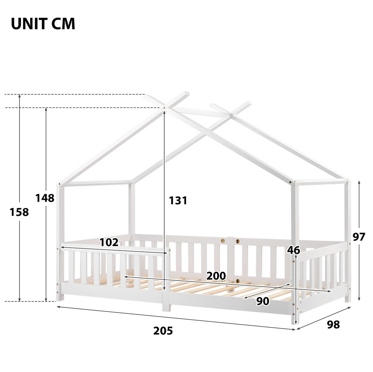 HAUSBETT Kinderbett 90/200 cm, Weiß mit Rausfallschutz und Stauraum - Weiß, Holz (90/200cm) - MIVRAY
