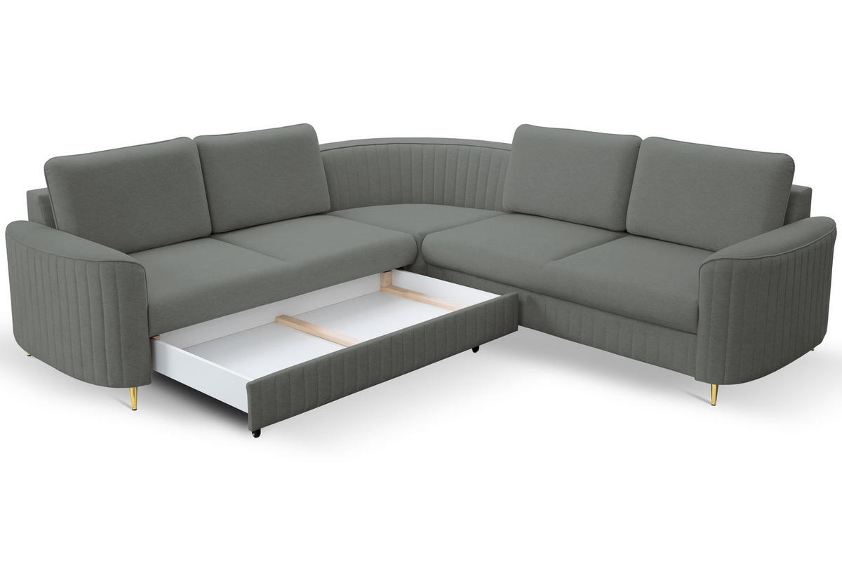 ECKSOFA VELA R-S Grau Velours-Stoff mit Schlaffunktion - Grau, Holz (251/251cm) - MASSENO