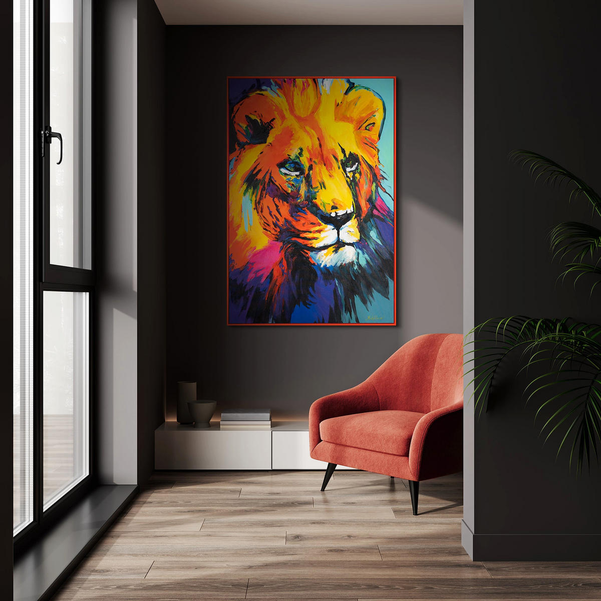 GEMÄLDE Löwengrazie Schattenfugenrahmen Rot 120x80 cm - Rot, Holz (120/80cm) - YS-art gallery