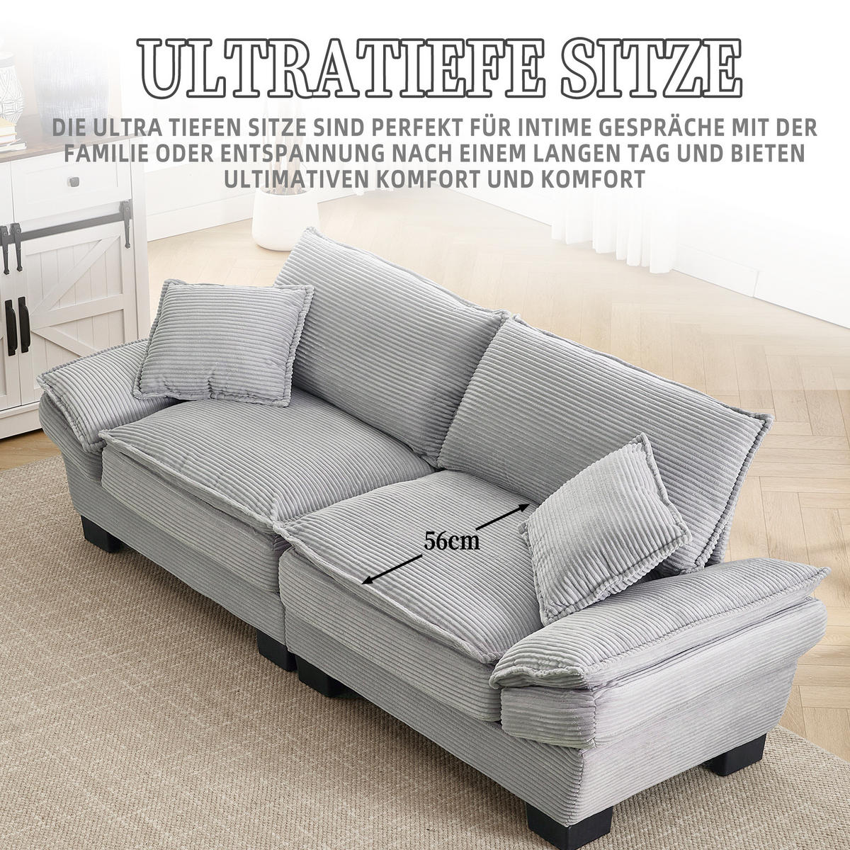 2-SITZER 224/81/81 cm Hellgrau aus Samt mit ultratiefem Sitz - Grau, Textil (81/81/224cm) - OKMYHOME