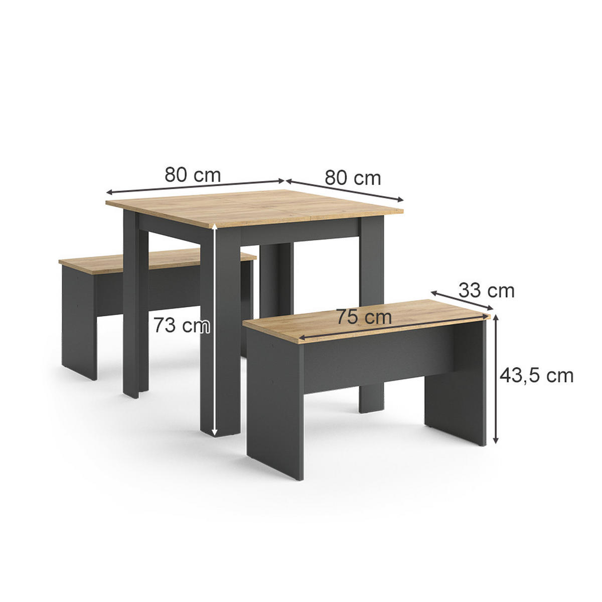 ESSTISCH SET Sentio Anthrazit 80 x 80 cm mit 2 Bänken - Anthrazit, Holzwerkstoff (80/73/80cm) - Vicco