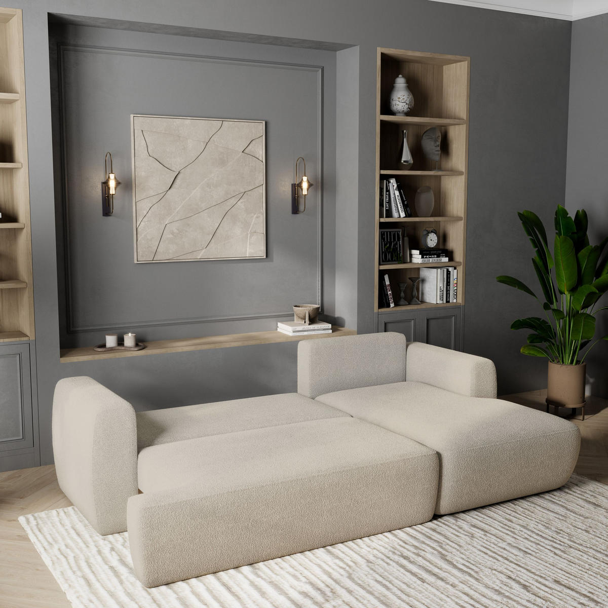 ECKSOFA SENTI N R-S Creme Boucle-Stoff mit Schlaffunktion - Creme, Holz (246/148cm) - MASSENO