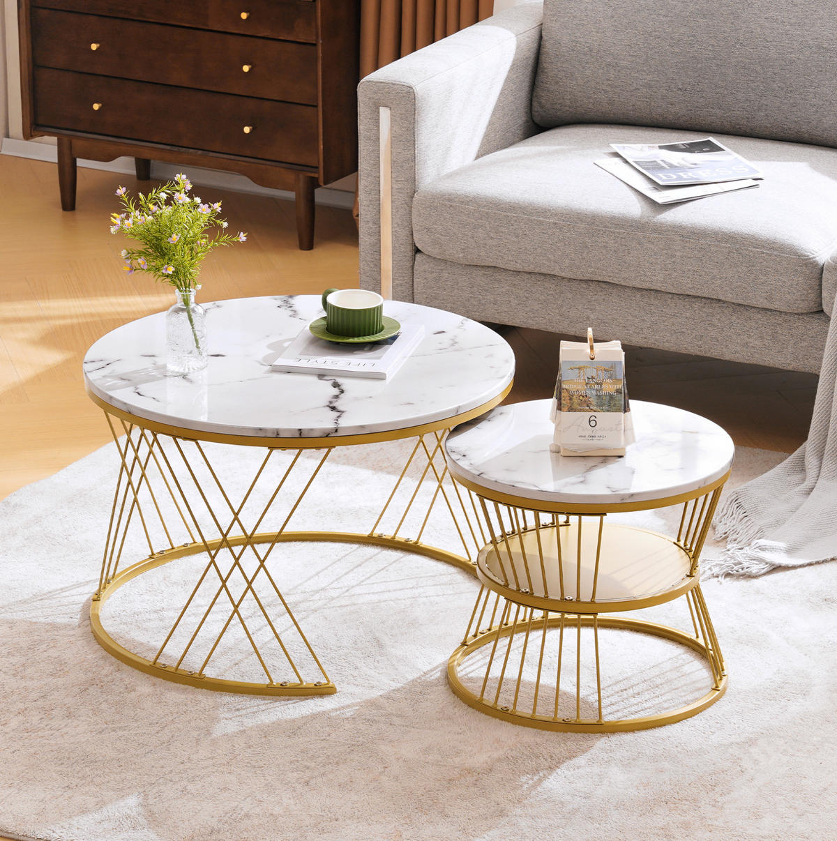 COUCHTISCH-SET 70/70/47 & 45/45/40 cm in Weiß mit Marmormuster und Goldoptik - Weiß, Holzwerkstoff (70/70/45cm) - Flora Grace
