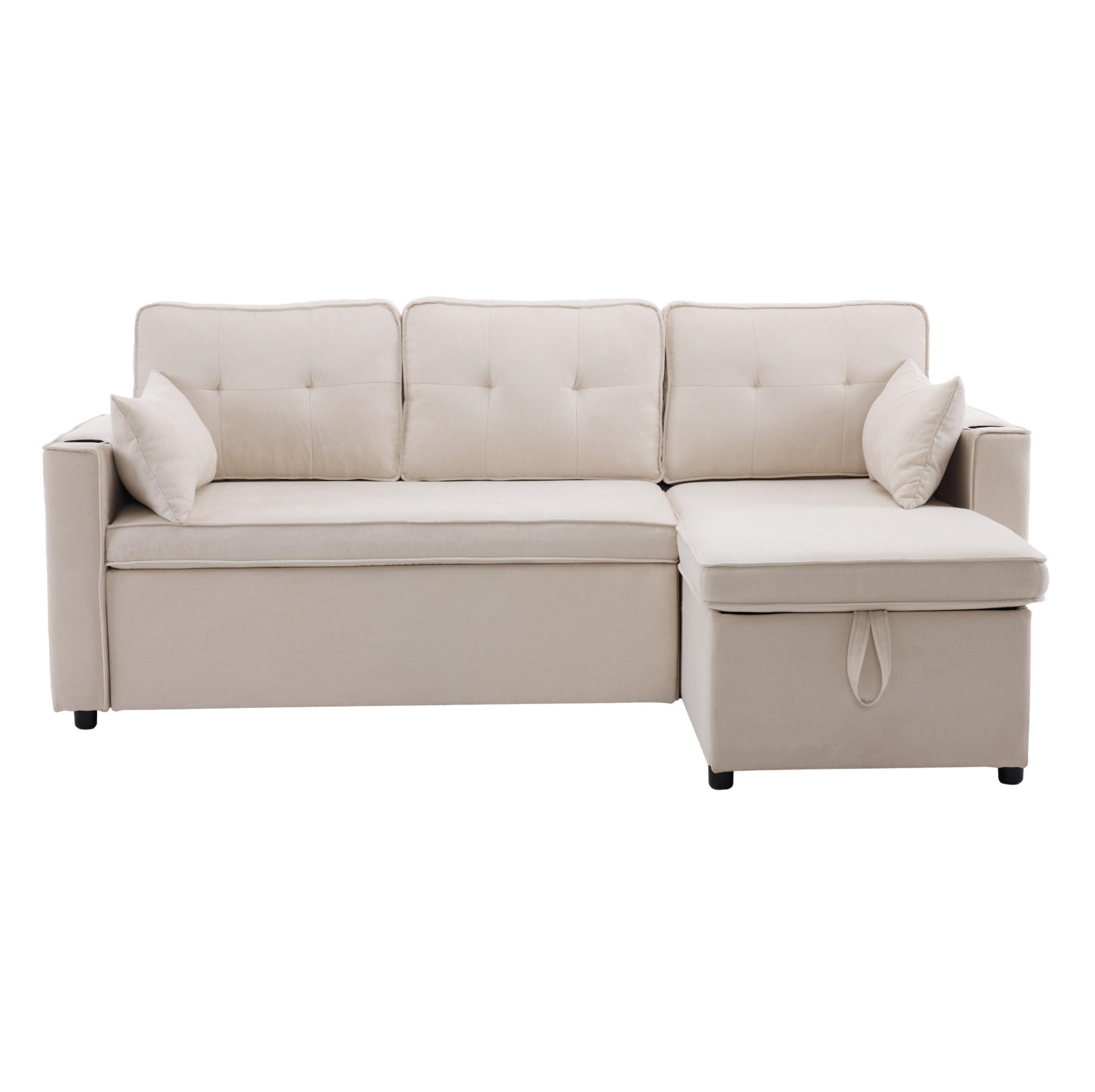 SCHLAFSOFA aus Baumwoll-Leinen 211x130x86 cm Beige mit Stauraum, Getränkehaltern und wechselbarer Chaiselongue - Beige, Textil (211/86/129.5cm) - Modfu