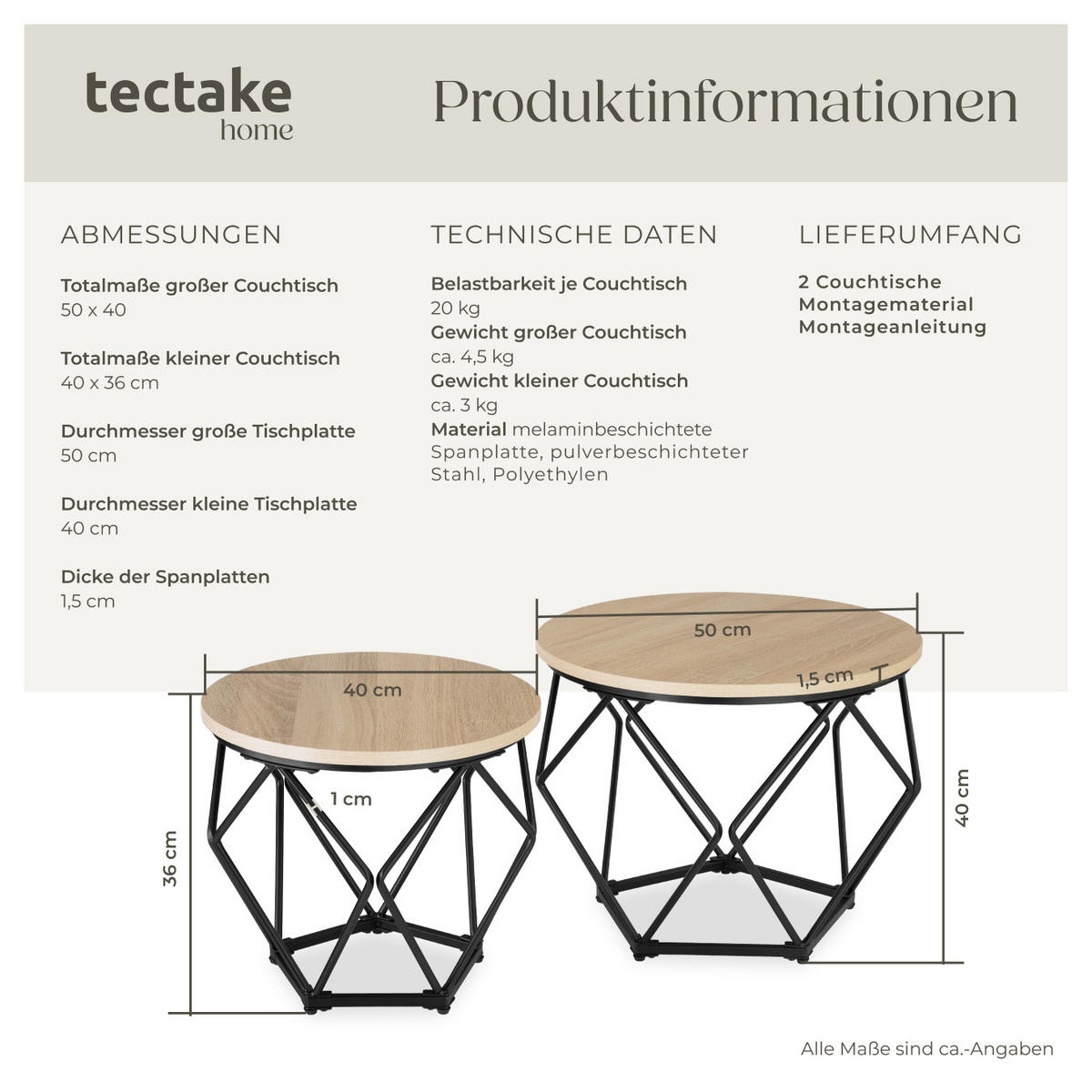 COUCHTISCH 2er Set Benham, mit höhenverstellbaren Kunststofffüßen, Industrial Holz hell, Eiche Sonoma - Naturfarben, Holzwerkstoff (50/50/40cm) - tectake