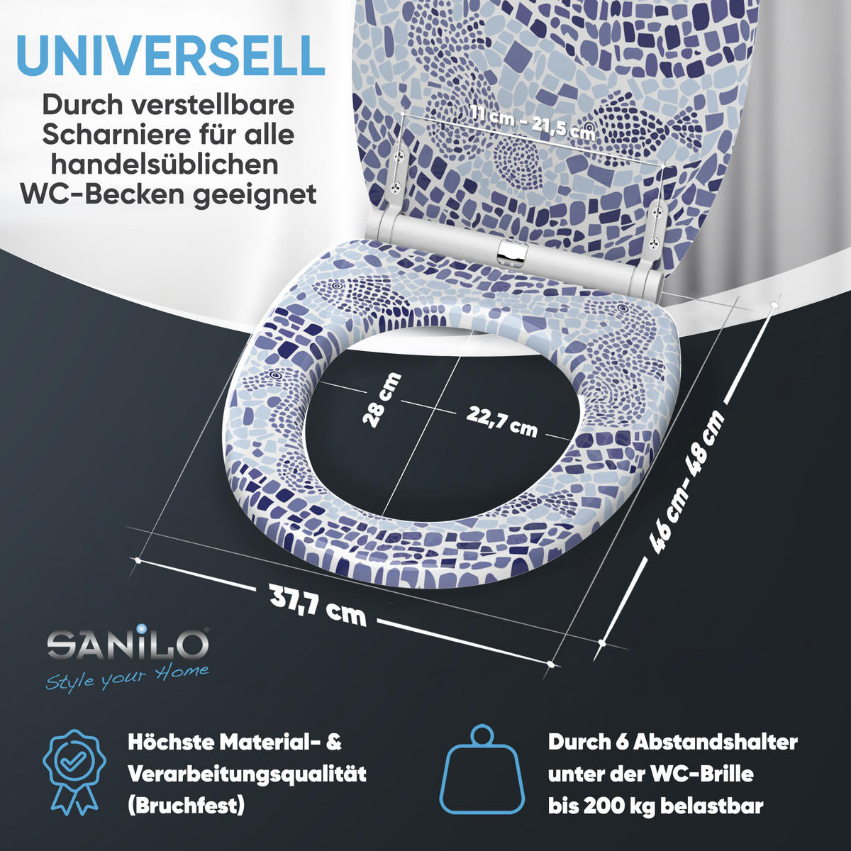 WC-SITZ mit Absenkautomatik & Top Fix Mosaic World - Blau, Holzwerkstoff (37.7/5.5/48cm) - Sanilo