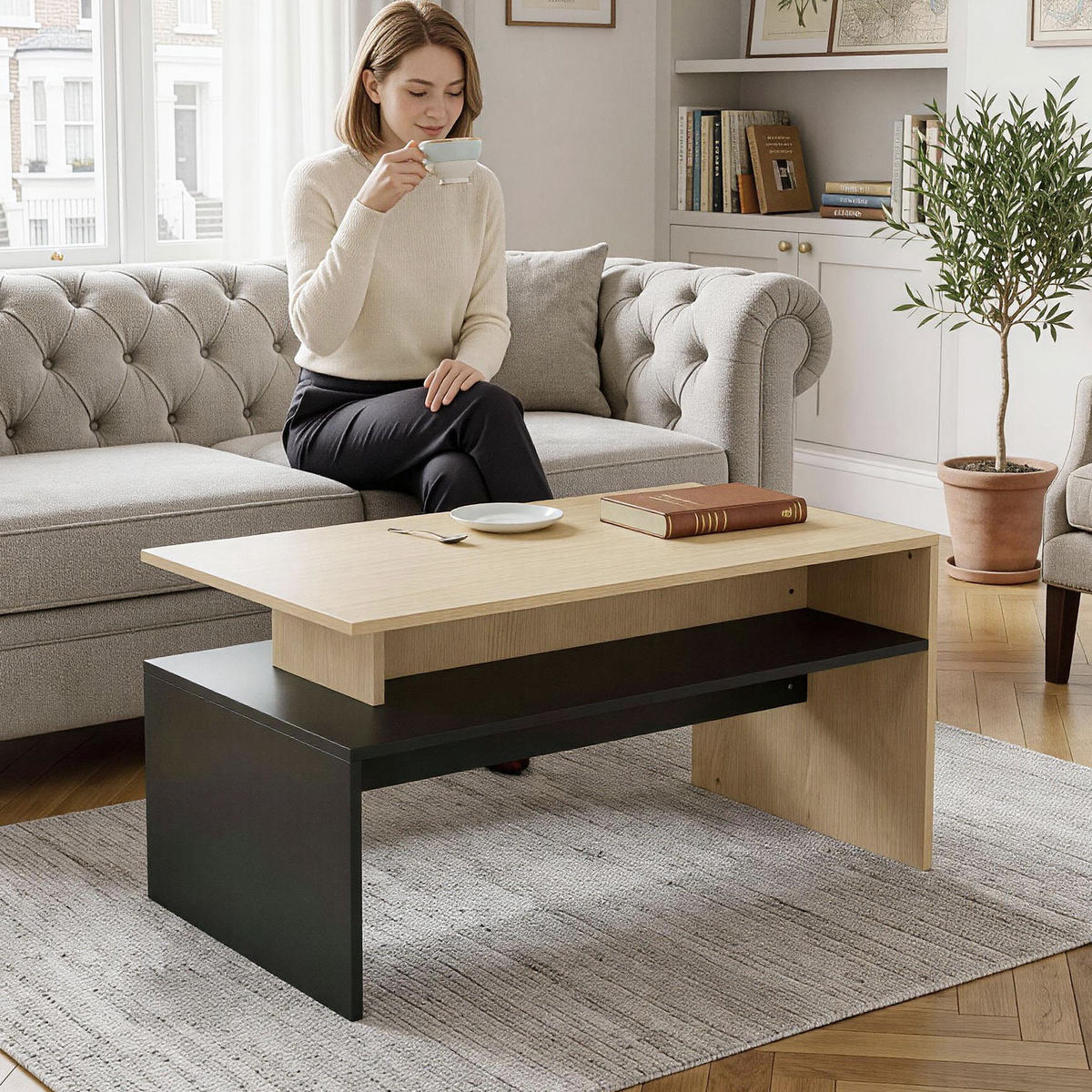 COUCHTISCH Naturfarben und Schwarz 95/55/50 cm - Naturfarben, Holzwerkstoff (55/95/50cm) - PANGIVO