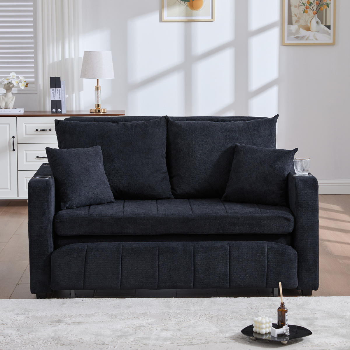 2-SITZER SCHLAFSOFA Chenille Schwarz mit 4 Kissen - Schwarz, Textil (139/83/200cm) - WISHDOR