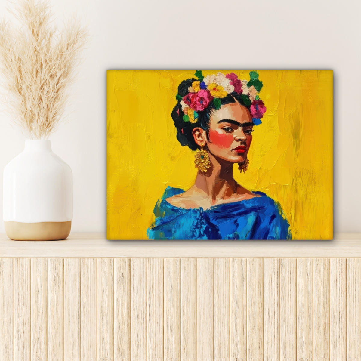 LEINWANDBILD Frida Kahlo - Frau - Gelb - Blau - Blumen 40x30 cm - Gelb, Textil (40/30cm) - MuchoWow